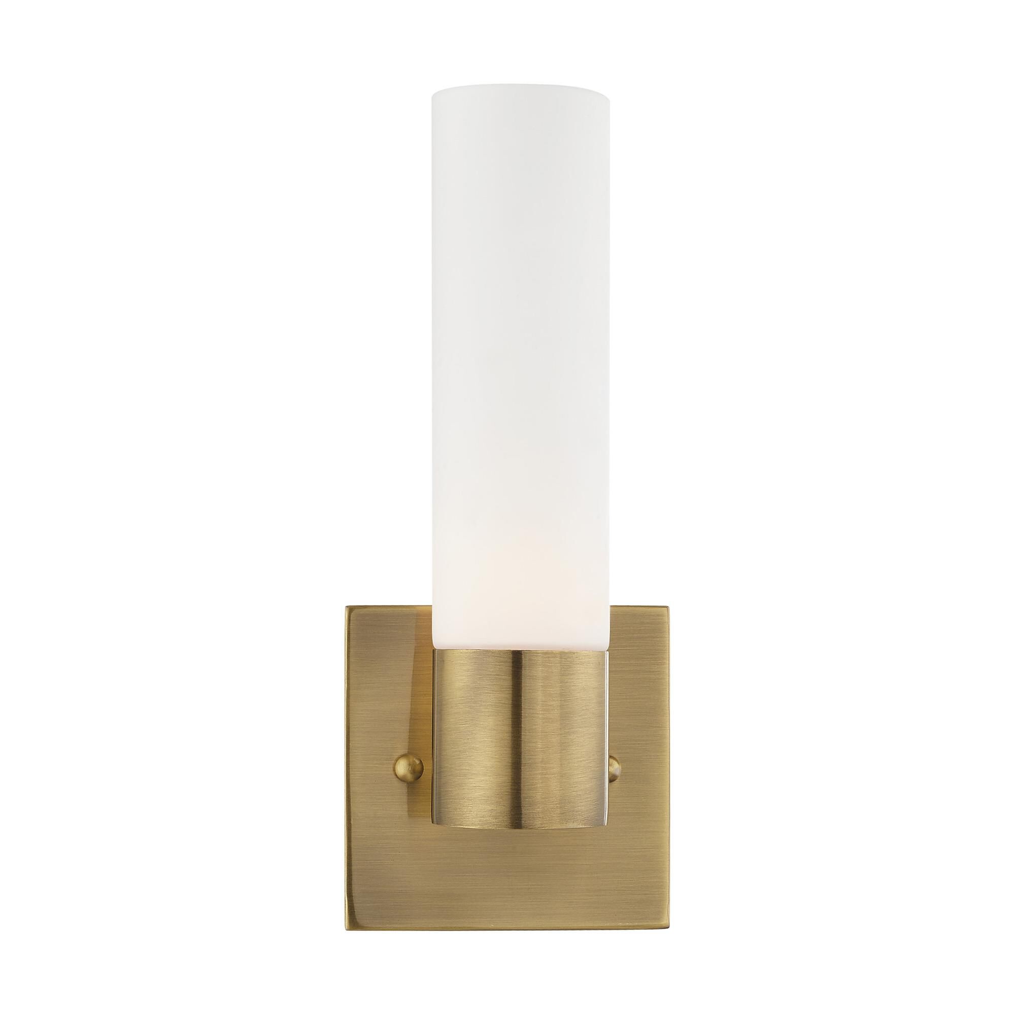 Shown in Antique Brass finish and Hand Blown Satin Opal White Twist Lock glass