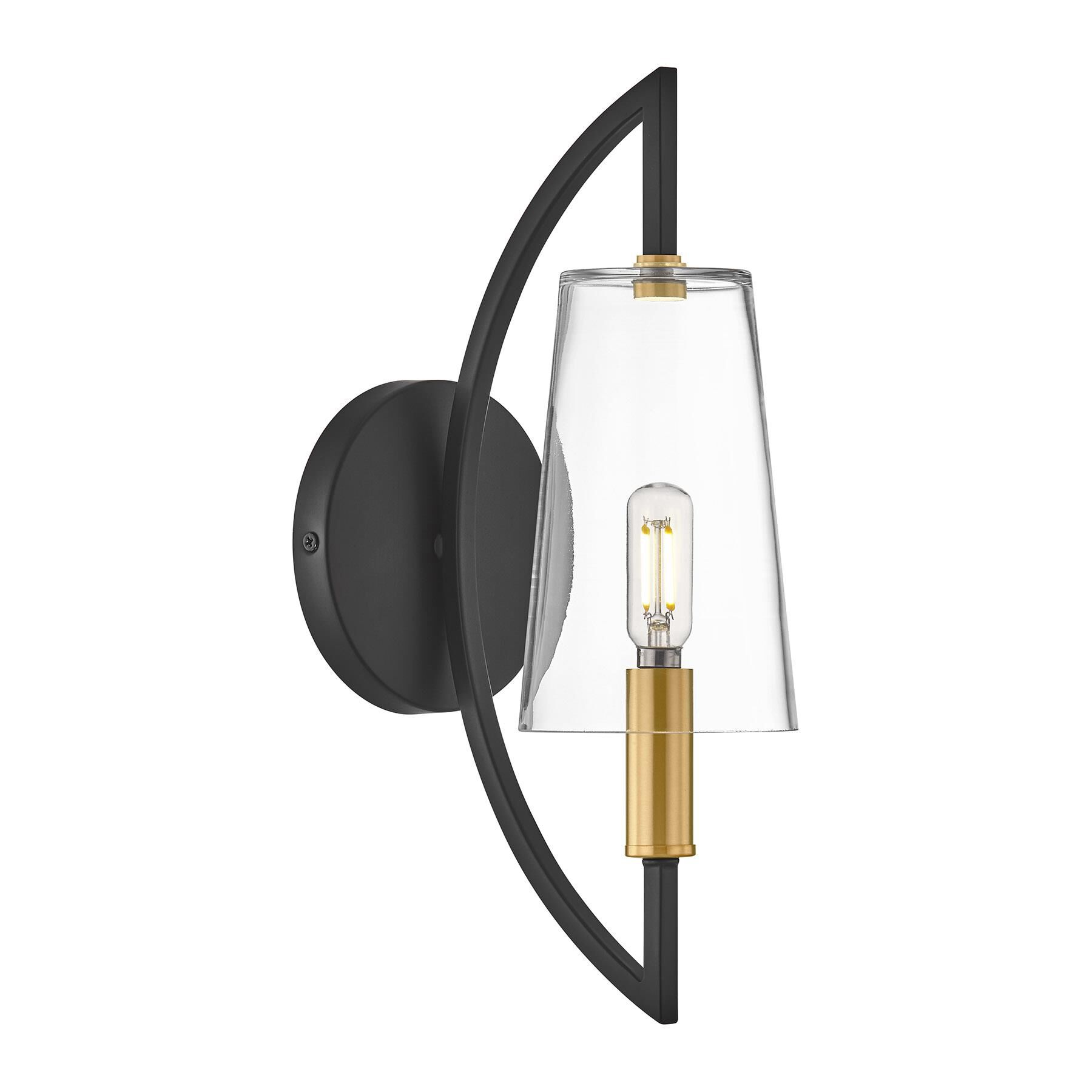 Shown in Matte Black and Warm Brass finish and Clear glass