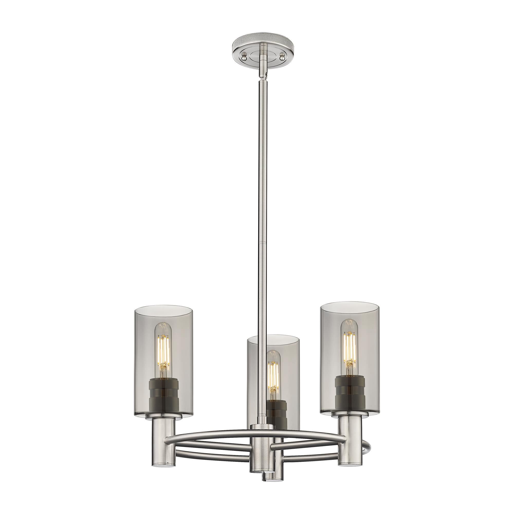 Shown in Satin Nickel finish and Plated Smoke glass and Plated Smoke Glass shade
