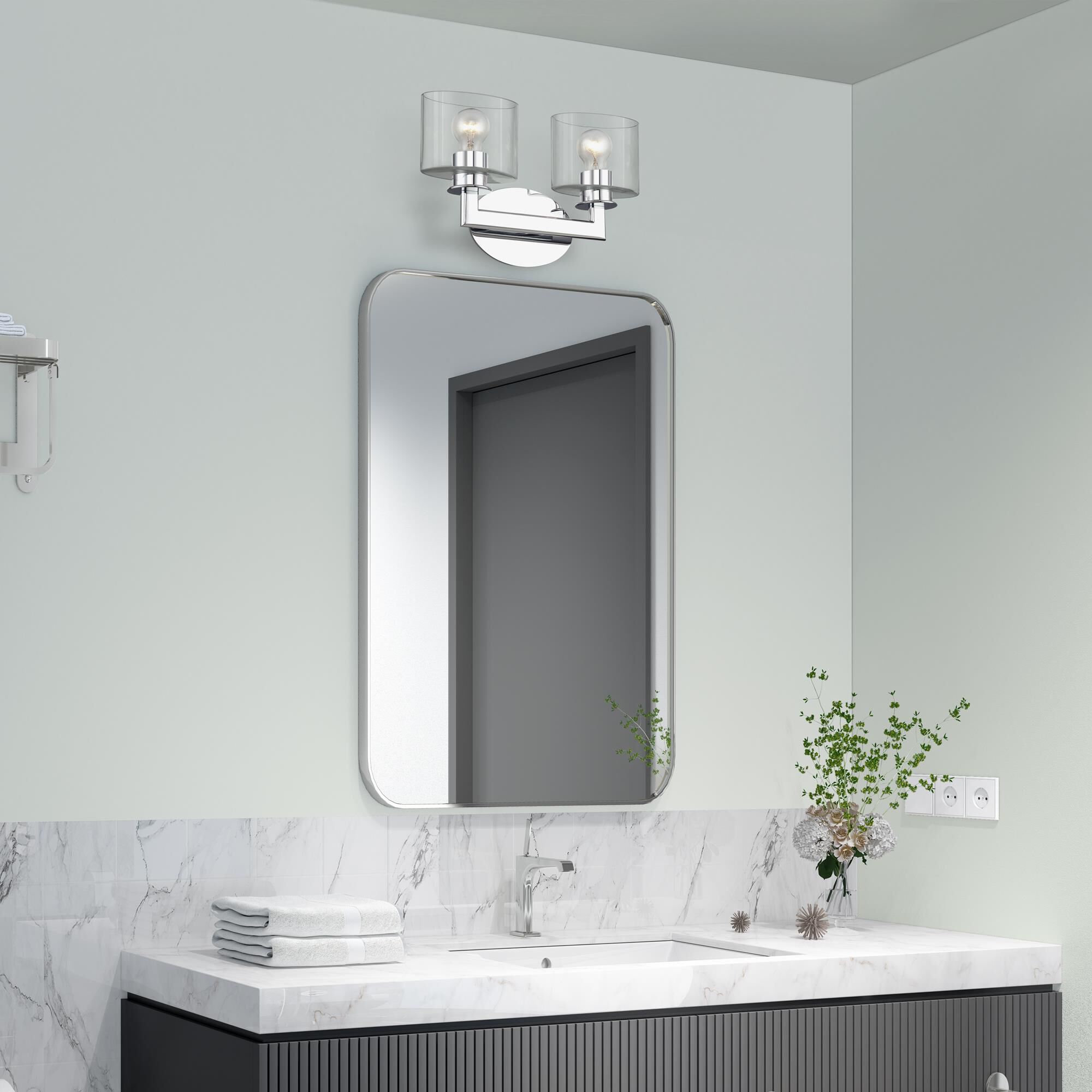 Shown in Polished Chrome finish and Mouth Blown Clear glass