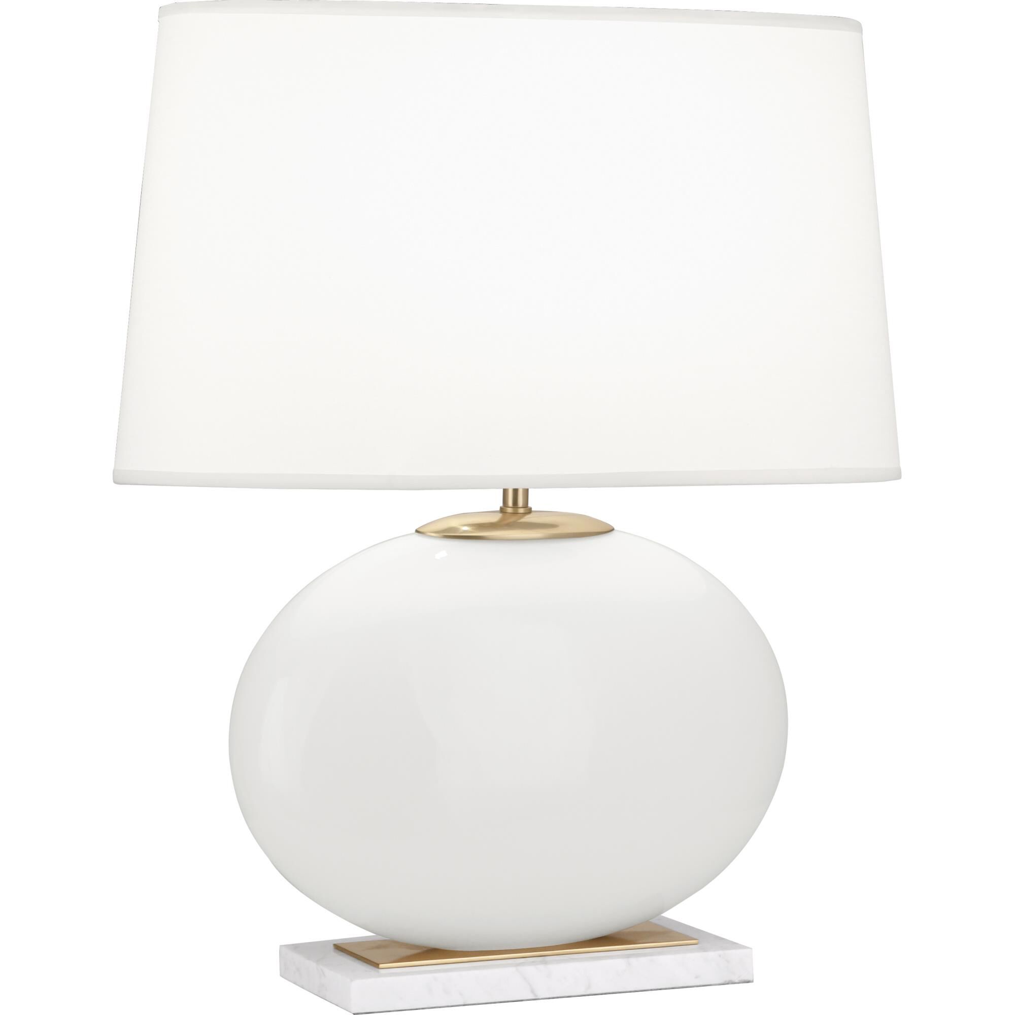 Shown in White Glass W/ Modern Brass & White Marble Accents finish and Oval Pearl Dupoini Fabric shade