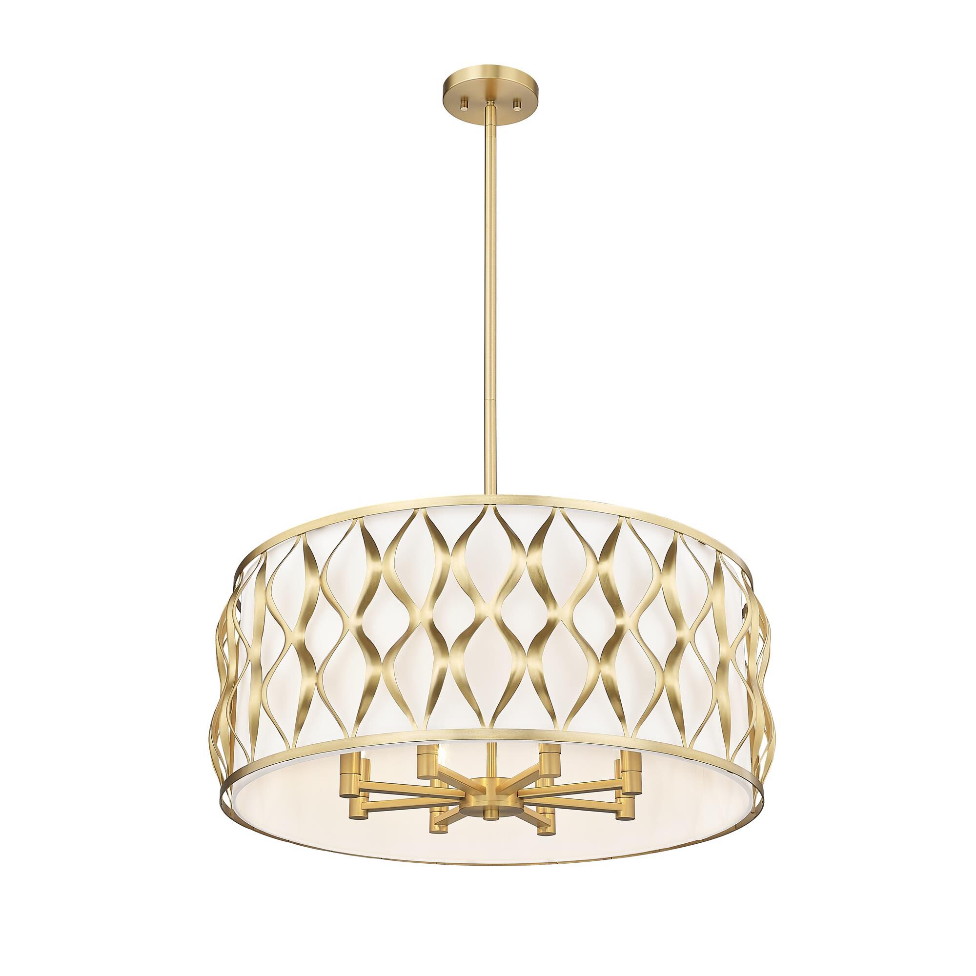 Shown in Modern Gold finish and White glass and White shade