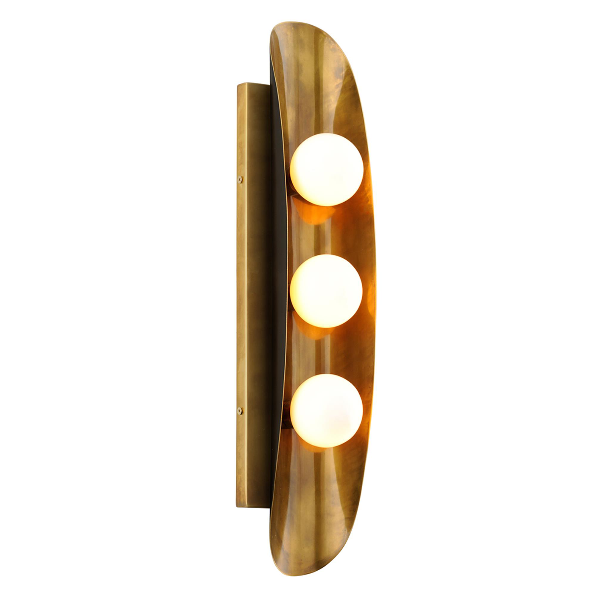 Shown in Vintage Brass finish and Opal White glass and Bronze accent
