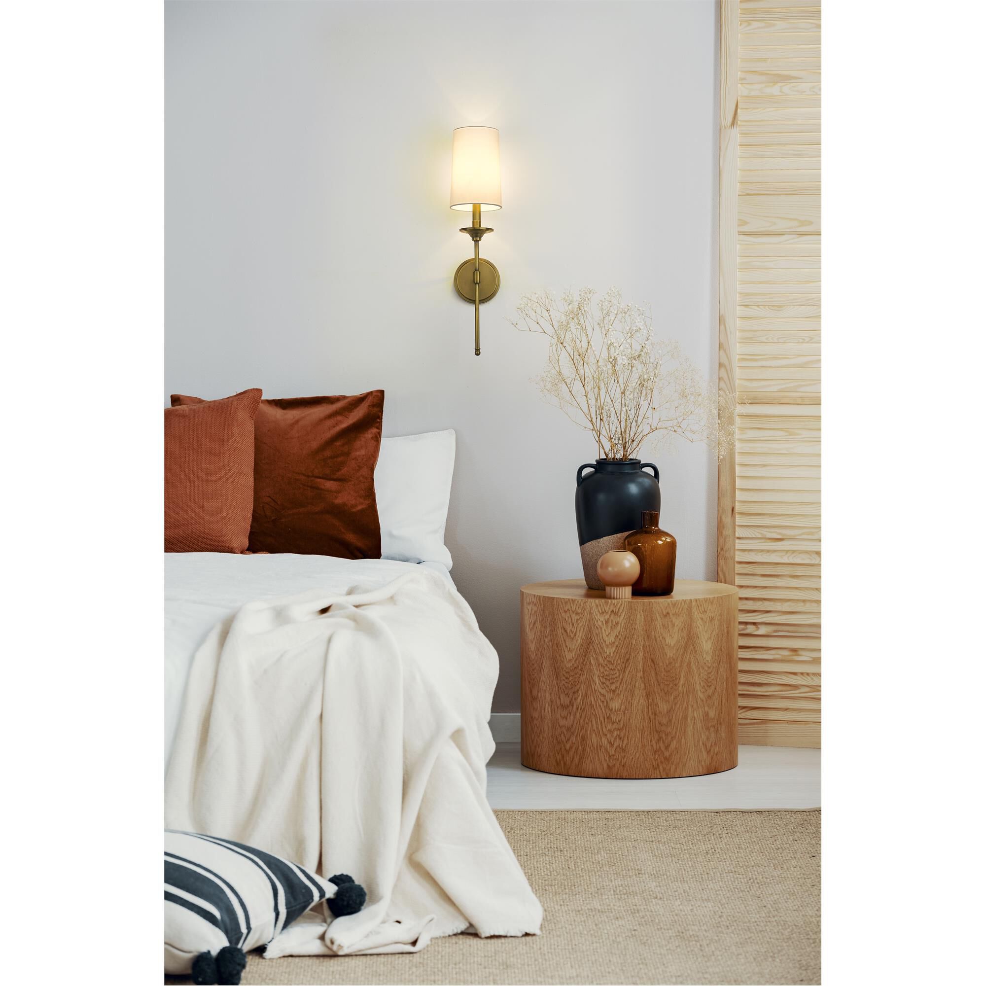 Shown in Rubbed Brass finish and Cloth Cover shade