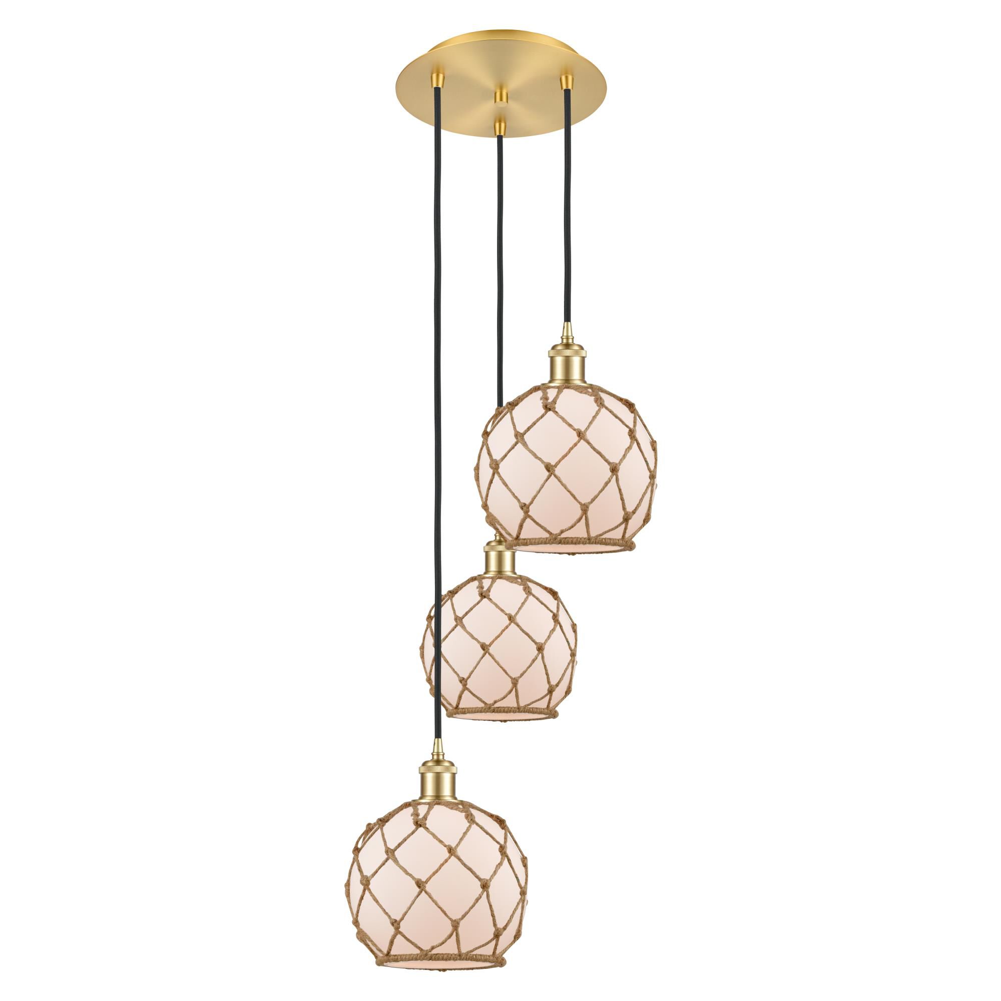 Shown in Satin Gold finish and White with Brown Rope glass