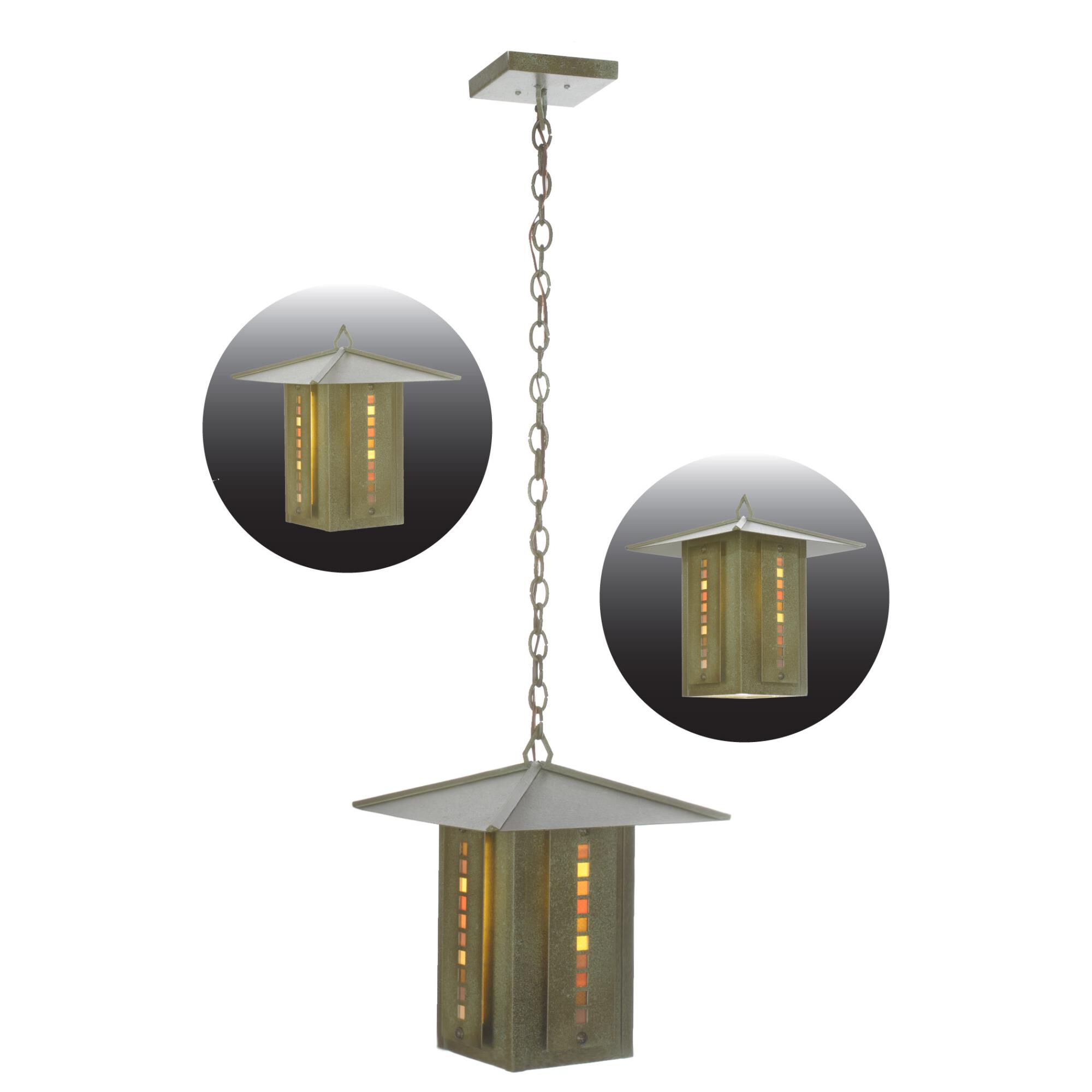 Shown in Tarnished Copper finish and Amber Mica glass