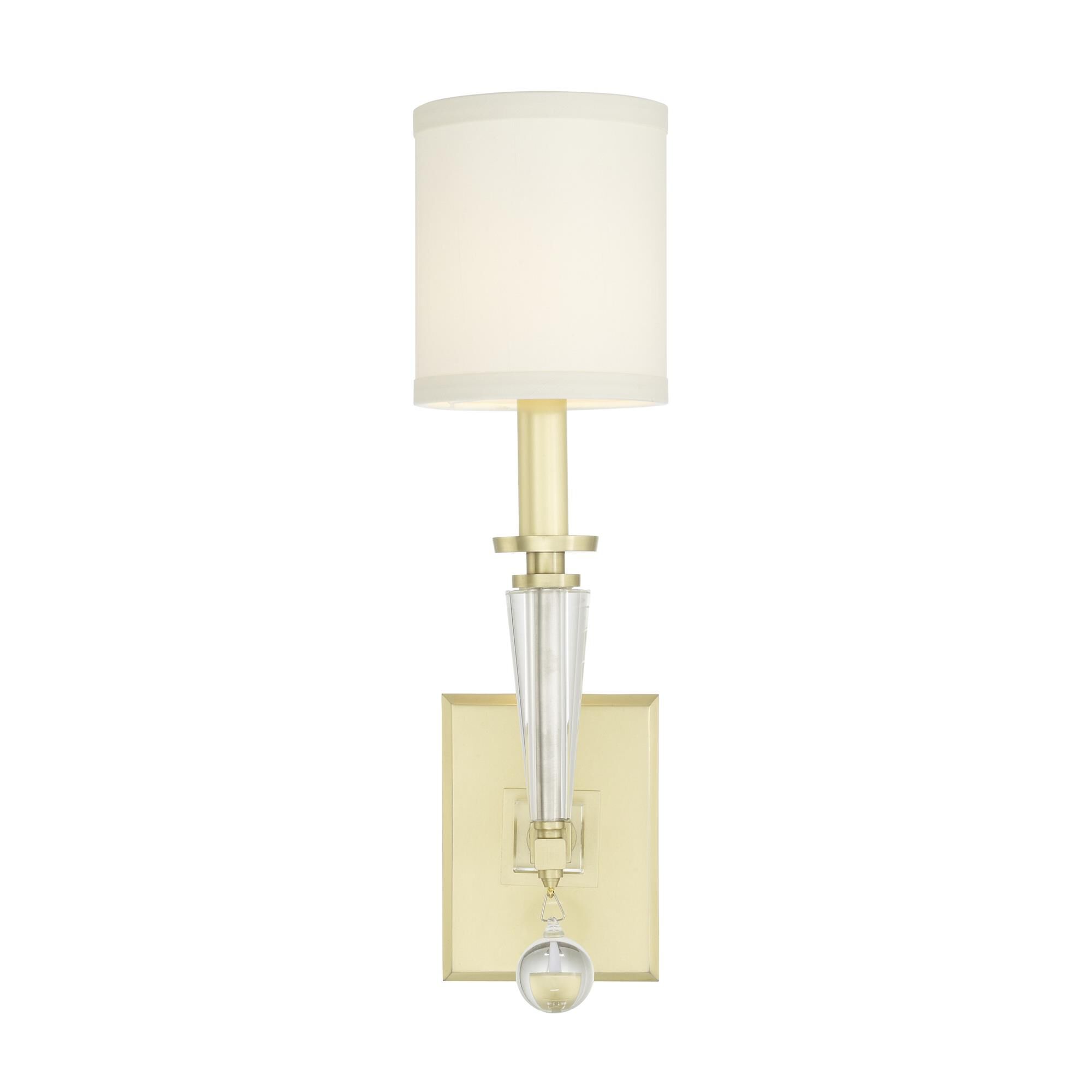 Shown in Aged Brass finish and Clear Glass Drops crystal and Silk glass and White shade