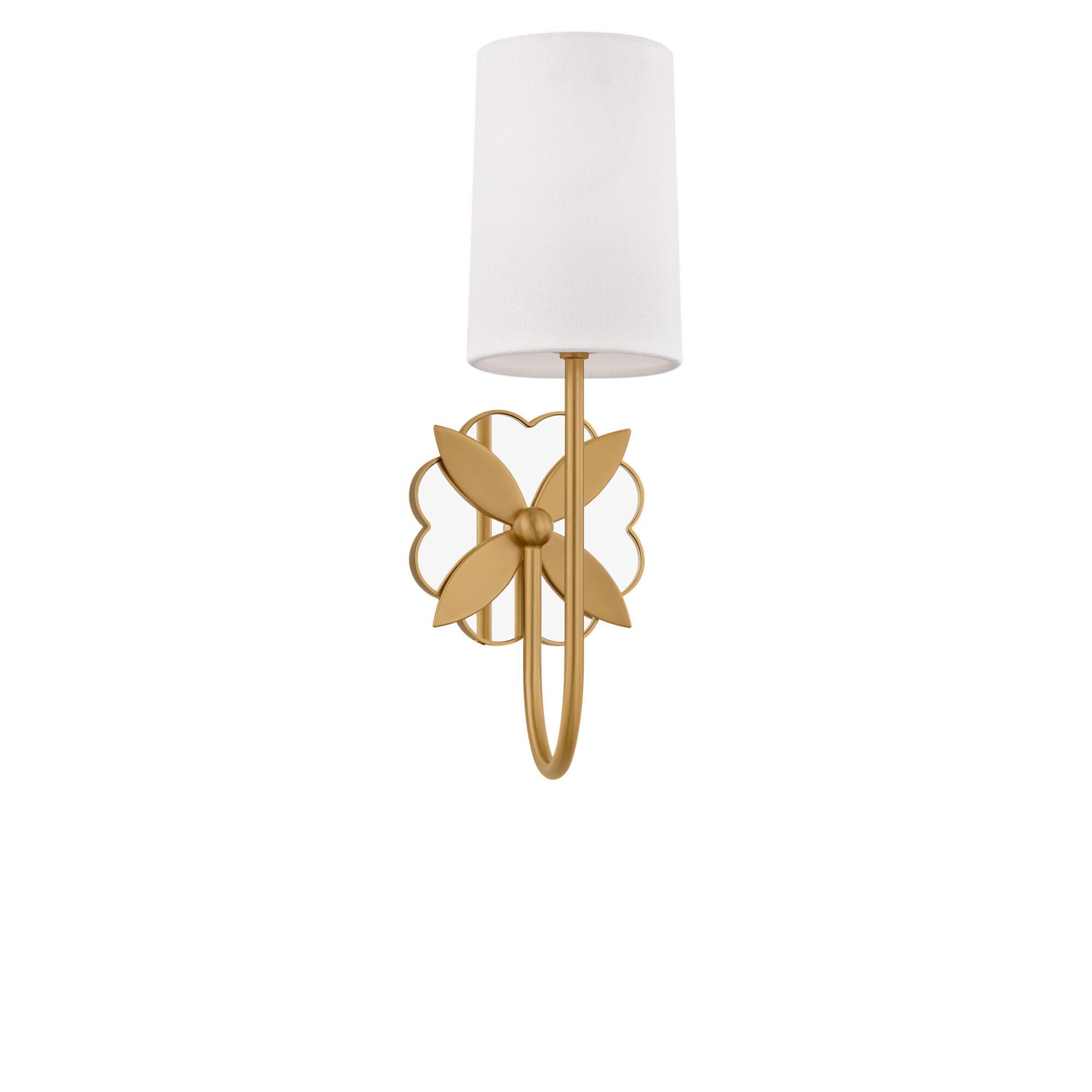 Shown in Burnished Brass finish and White Linen Fabric shade