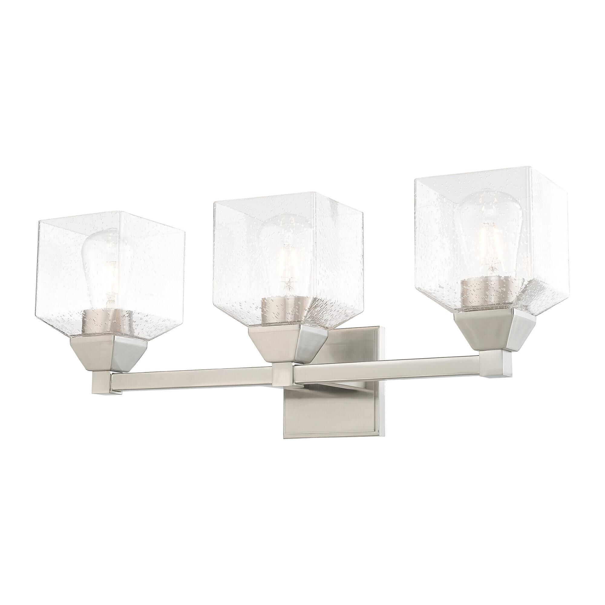 Shown in Brushed Nickel finish and Hand Blown Clear Seeded glass