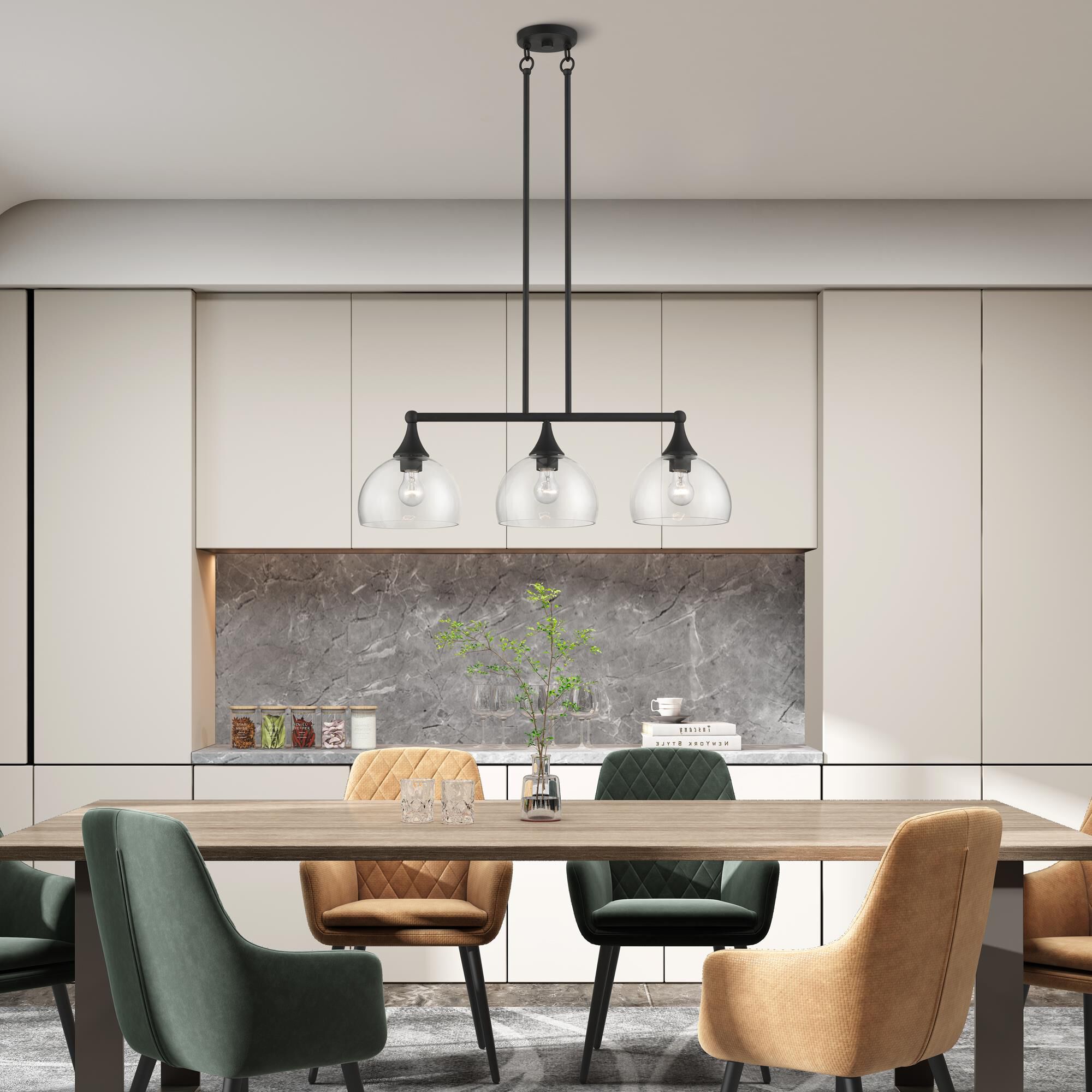 Shown in Black finish and Clear Hand Blown glass