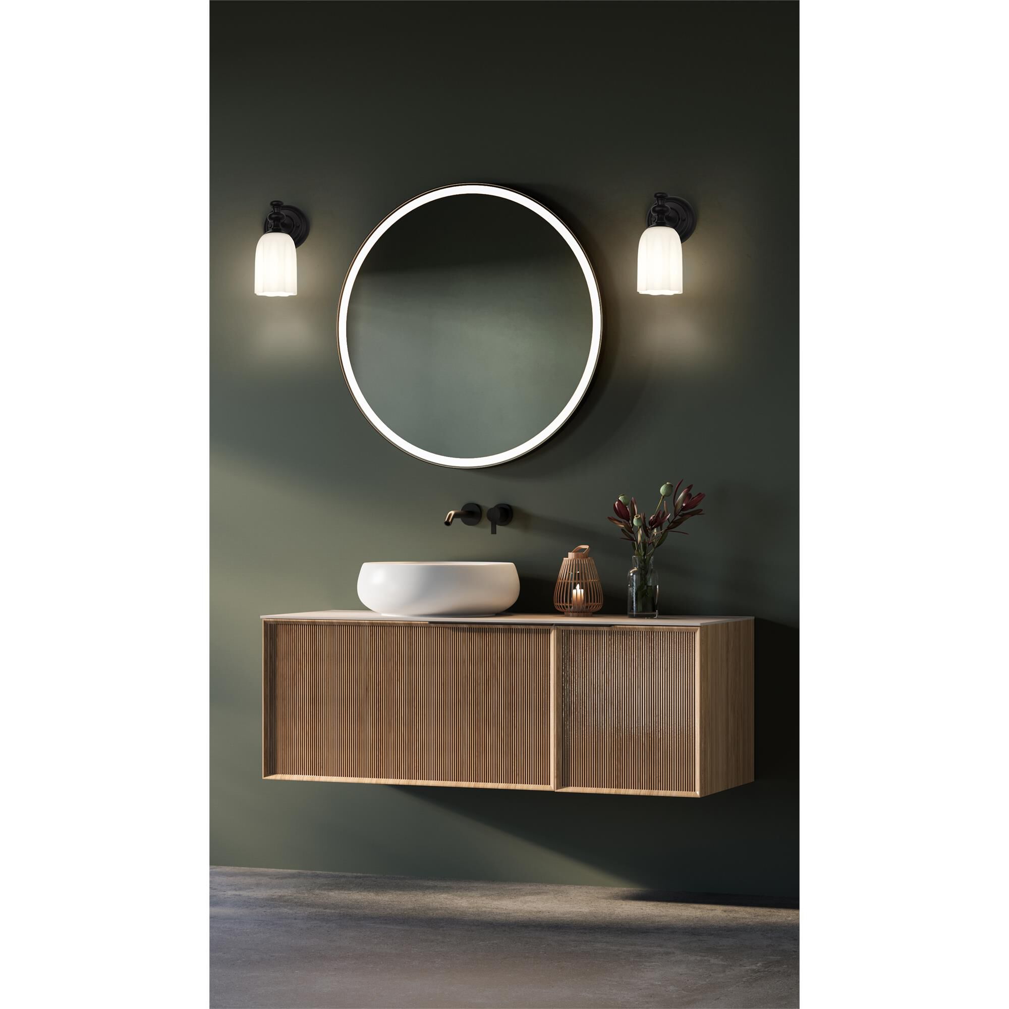 Shown in Matte Black finish and Opal Etched glass and Opal Etched shade