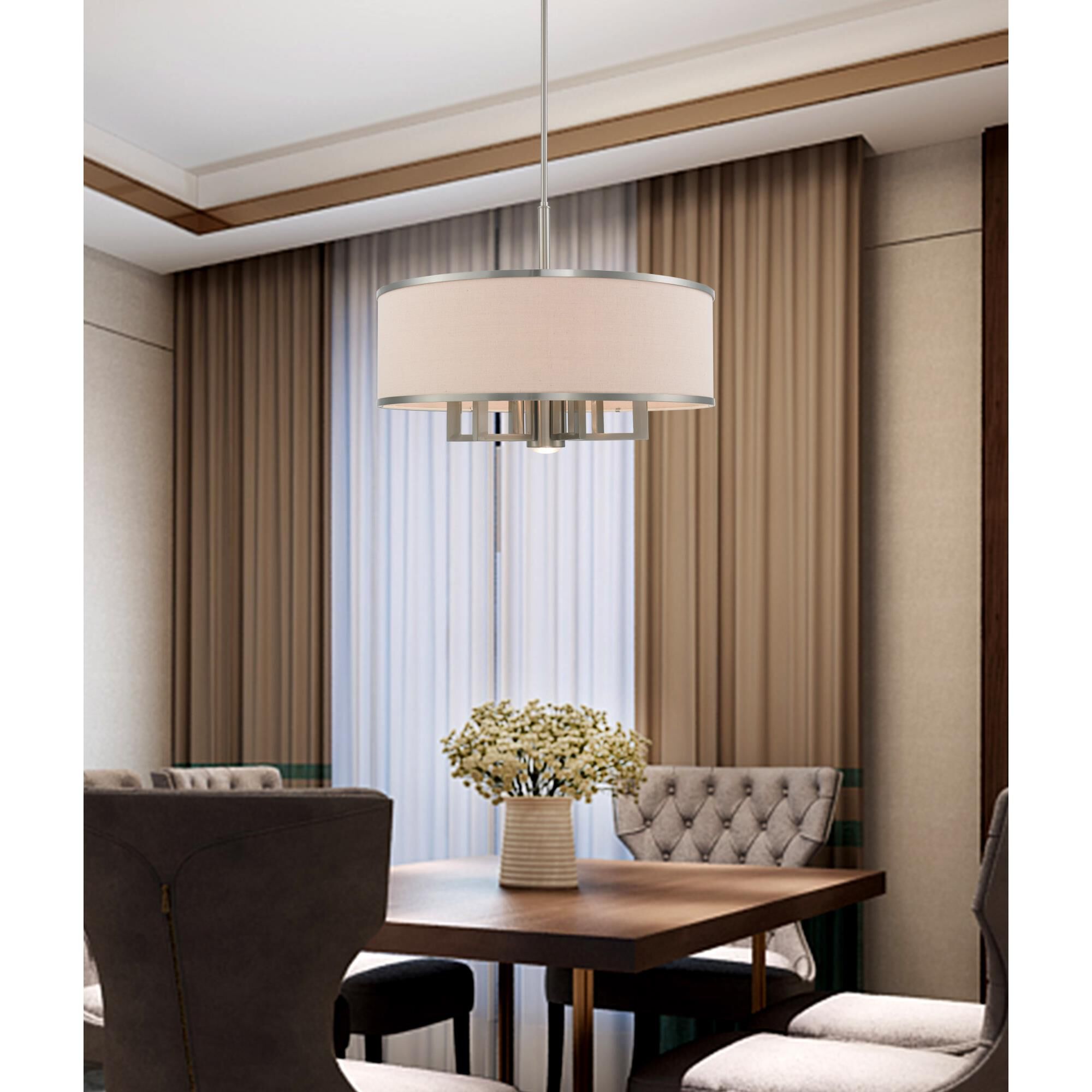 Shown in Brushed Nickel finish and Hand Crafted Ash-Gray Linen Fabric Hardback shade