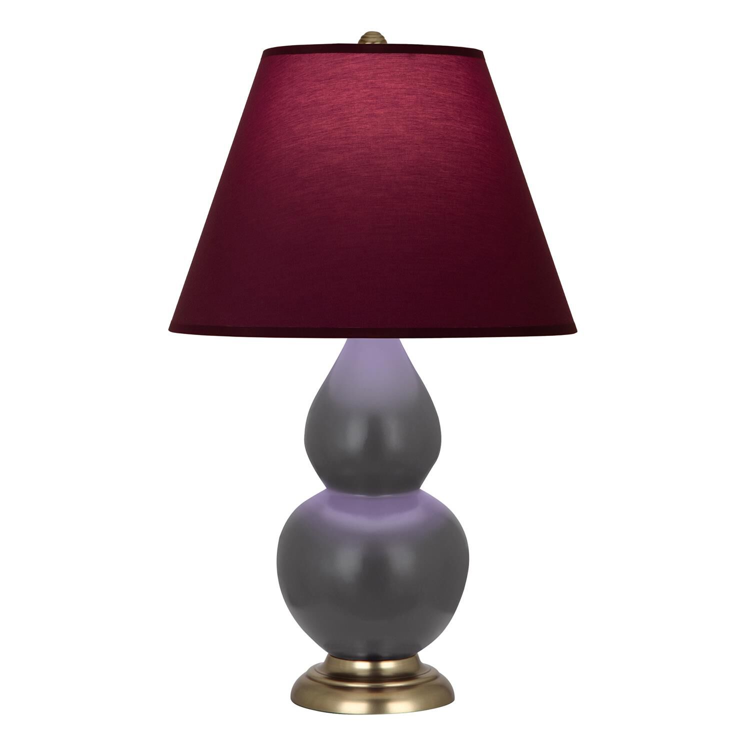 Shown in Matte Ash finish and Plum and Lavender shade and Antique Brass accent