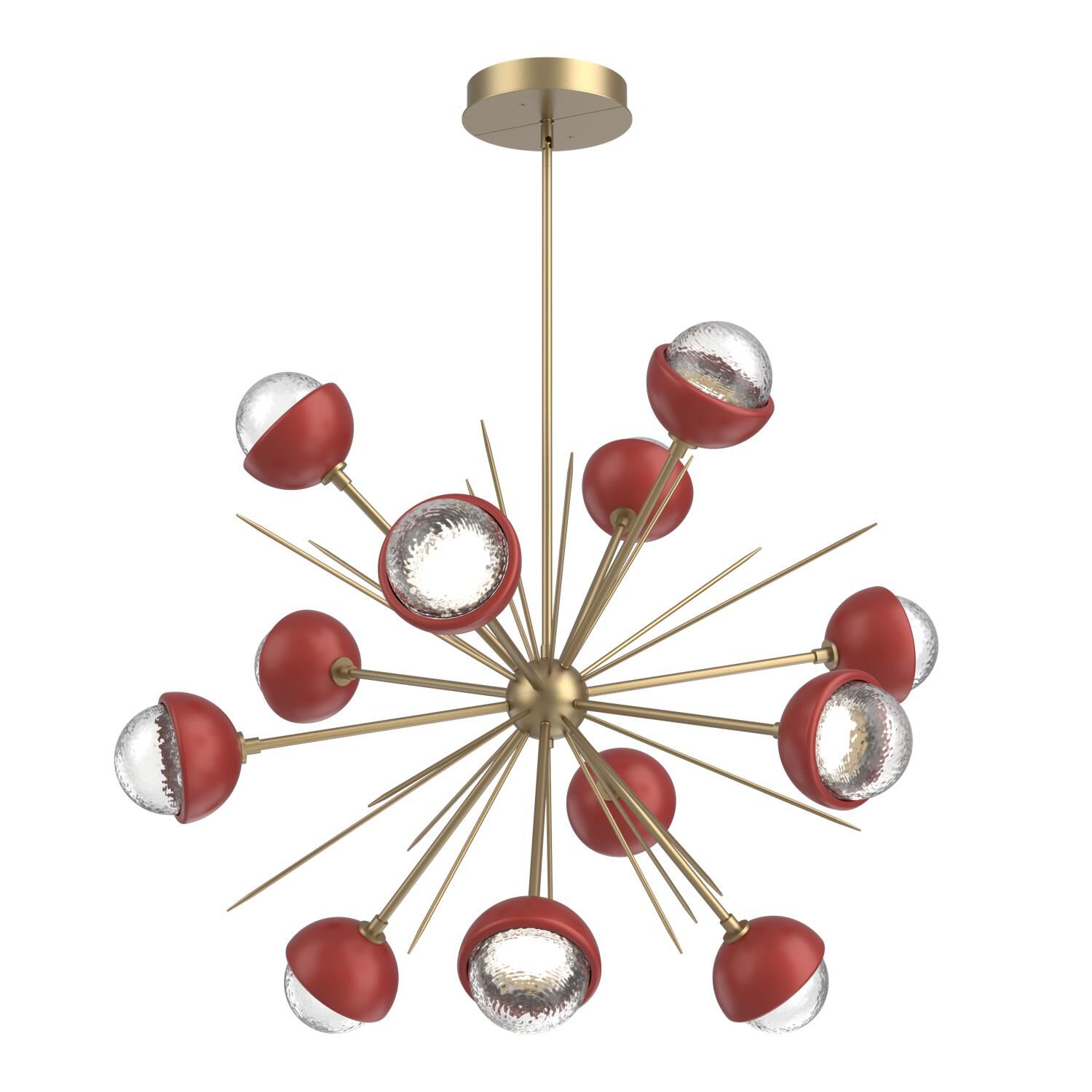 Shown in Gilded Brass finish and Clear glass and Cinnamon Red accent