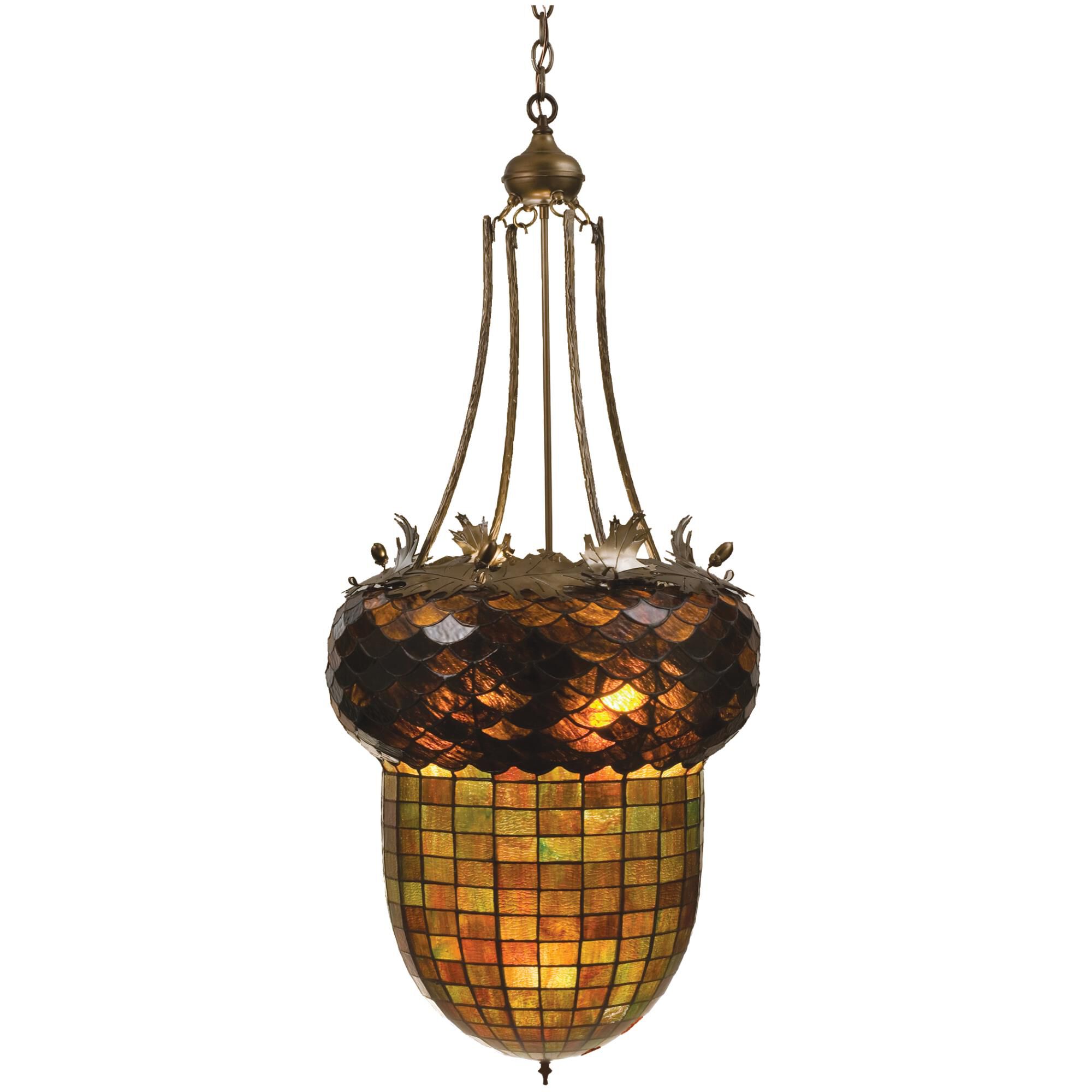 Shown in Antique Copper finish and Autumn Green-Bark Brown glass