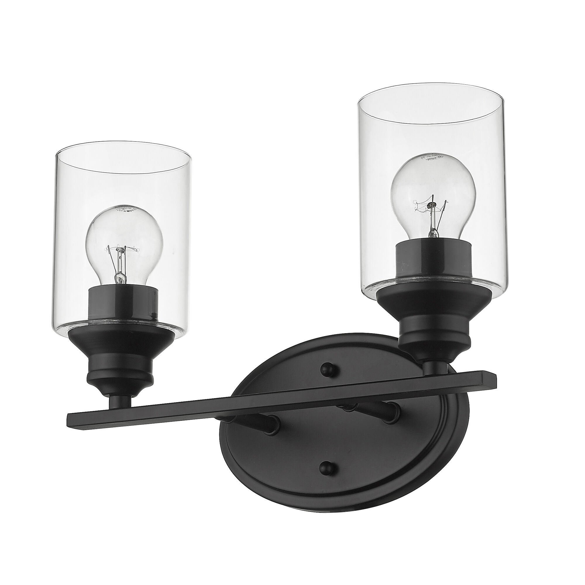 Shown in Matte Black finish and Clear glass and Clear, Cylindrical Glass s shade