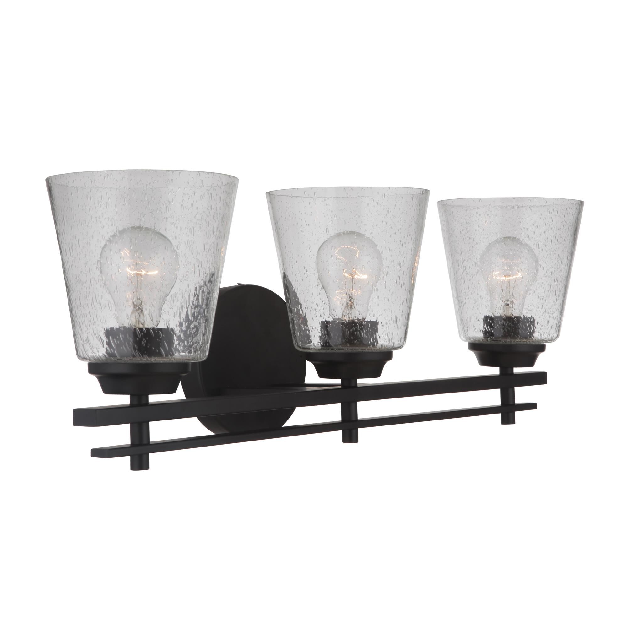 Shown in Flat Black finish and Clear Seeded glass and Glass shade