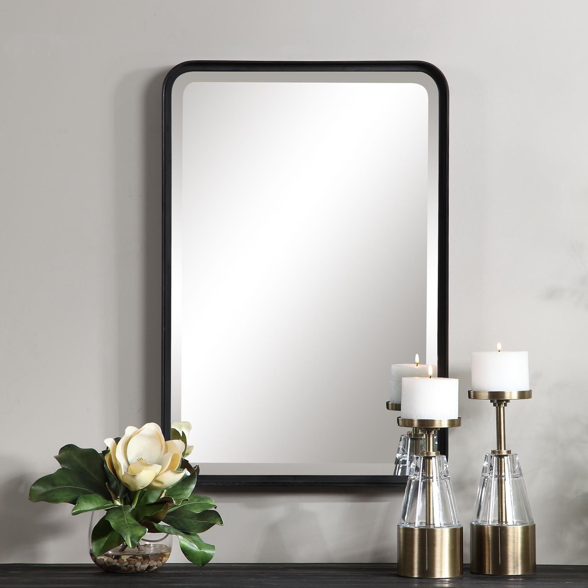 Shown in Versatile In Design, This Vanity Mirror Is Constructed From A Forged Metal Strap Finished In Matte B finish