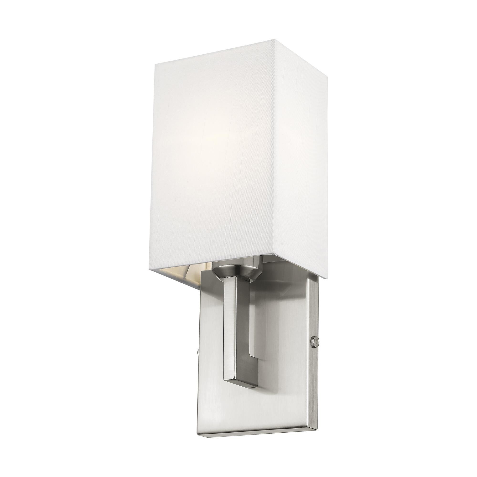 Shown in Brushed Nickel finish and Hand Crafted Off White Fabric Hardback shade