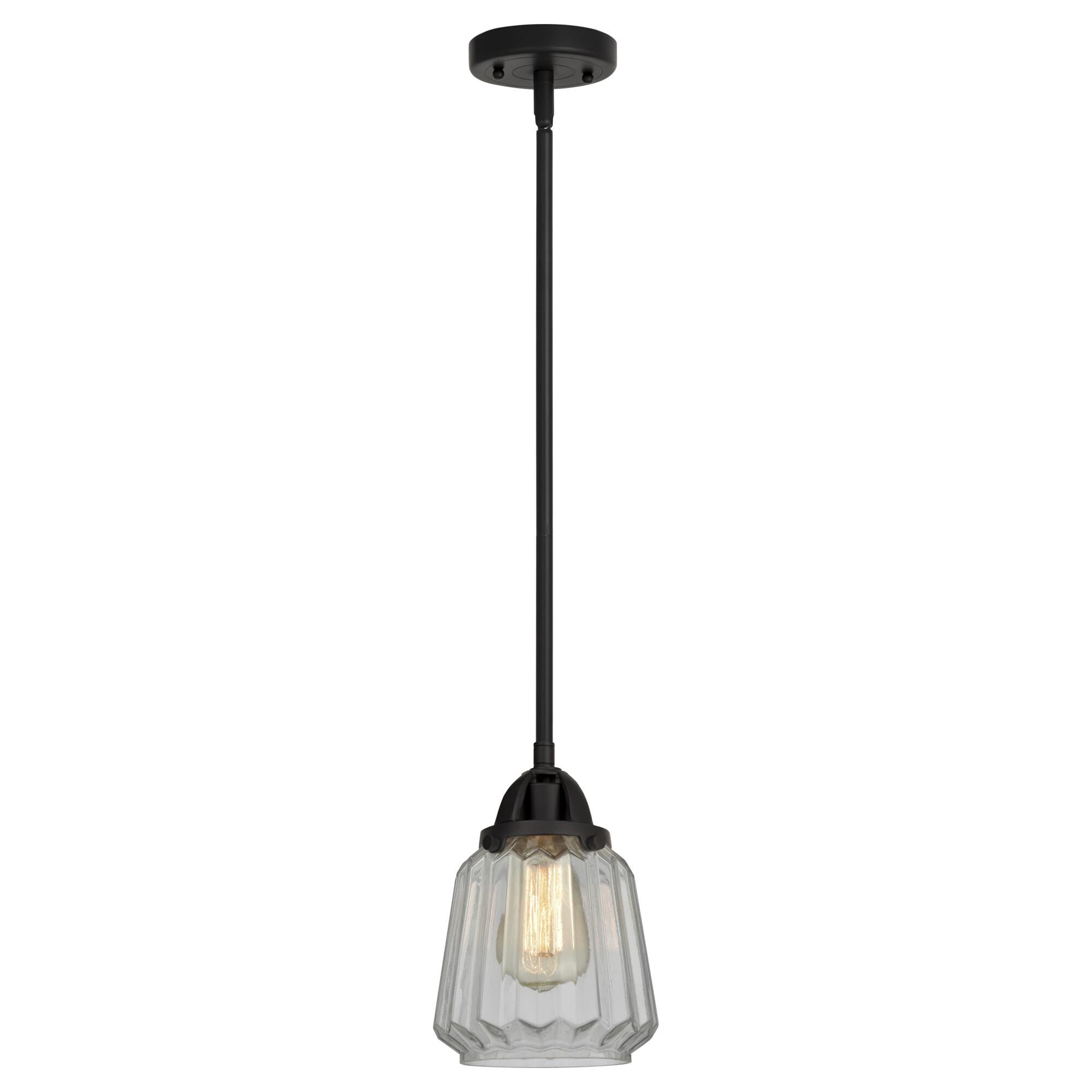 Shown in Matte Black finish and Clear Chatham glass and No Shade shade