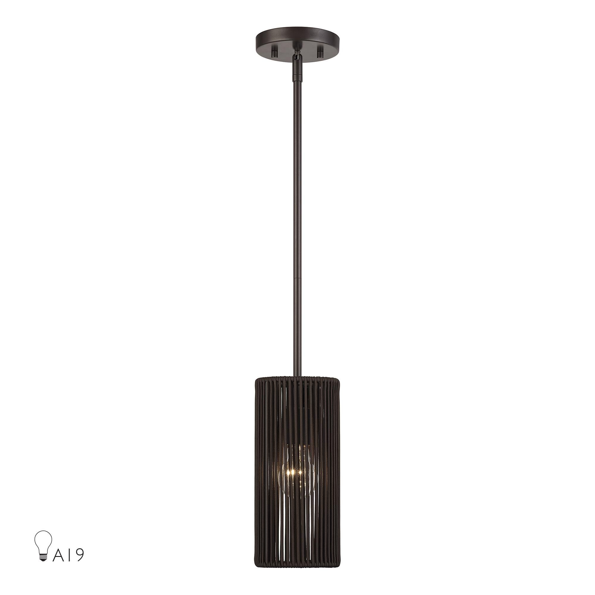 Shown in English Bronze finish and Hand-Woven Dark Chocolate Color Polyester Rope shade