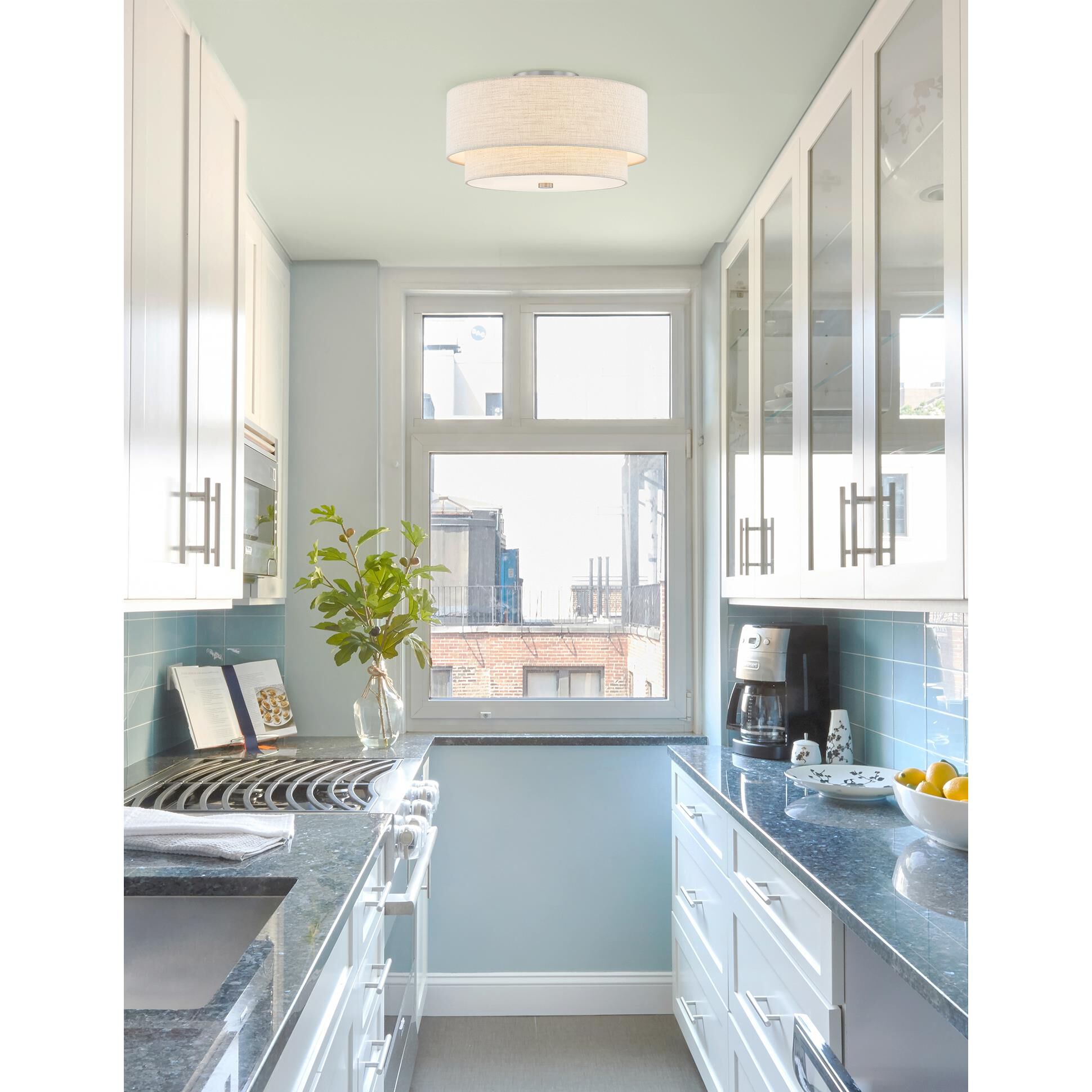 Shown in Brushed Nickel finish and Cream Woven Fabric shade