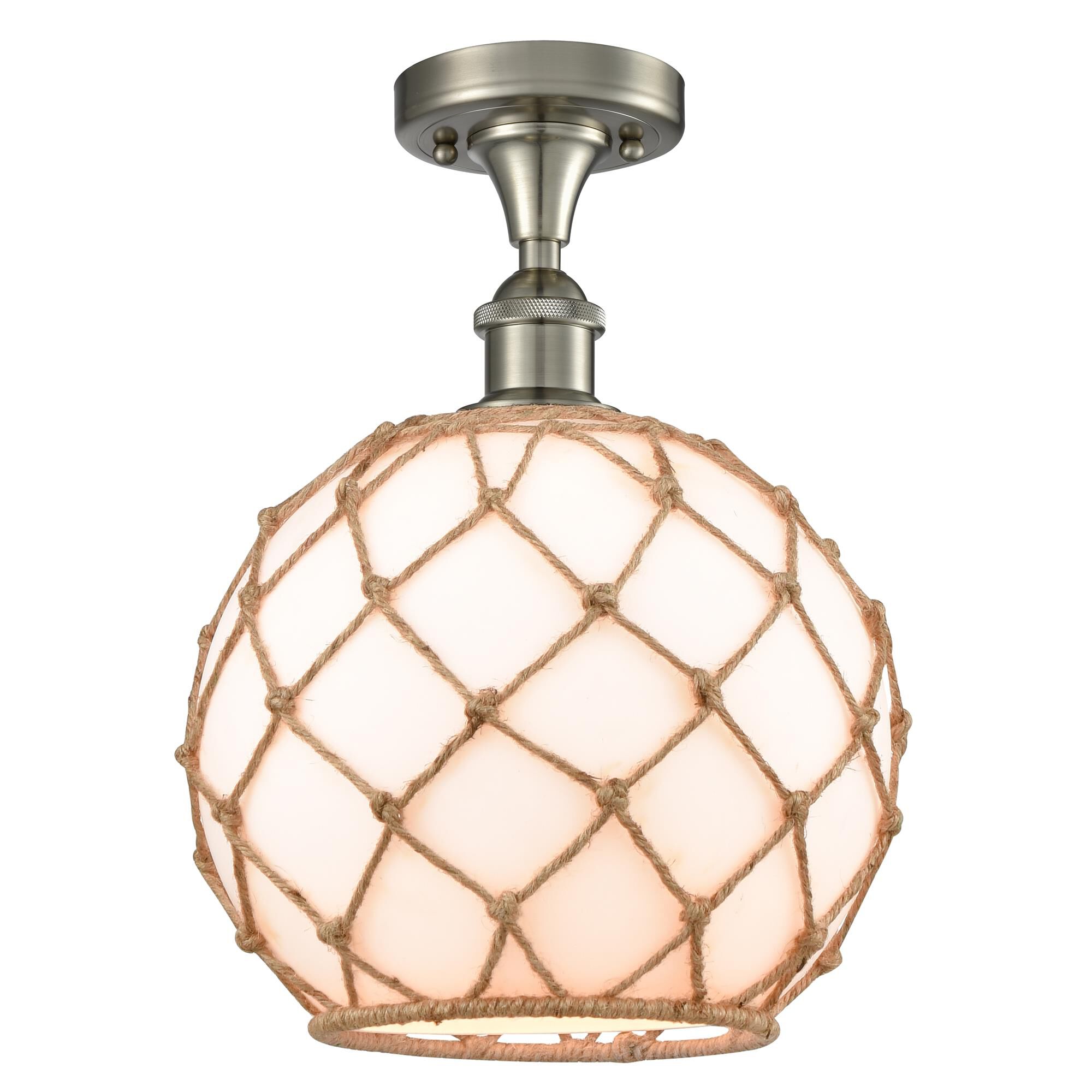 Shown in Brushed Satin Nickel finish and White With Black Rope glass