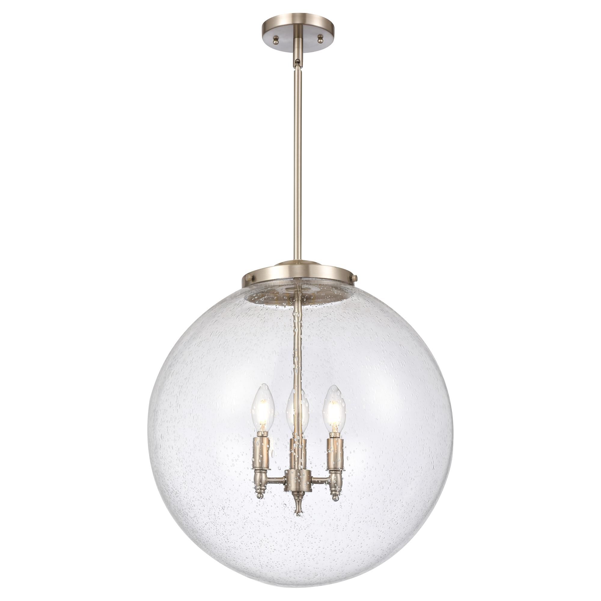 Shown in Brushed Satin Nickel finish and Seedy Beacon glass