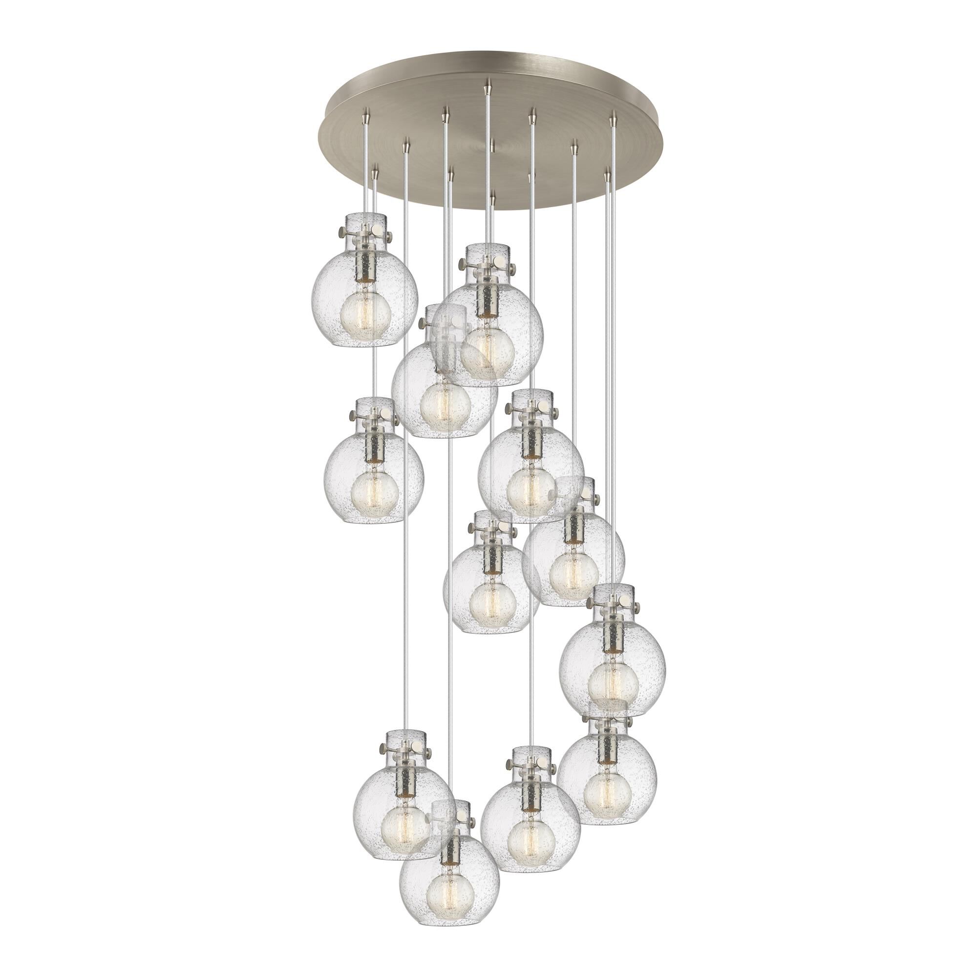Shown in Brushed Satin Nickel finish and Seedy glass and Seedy Glass shade