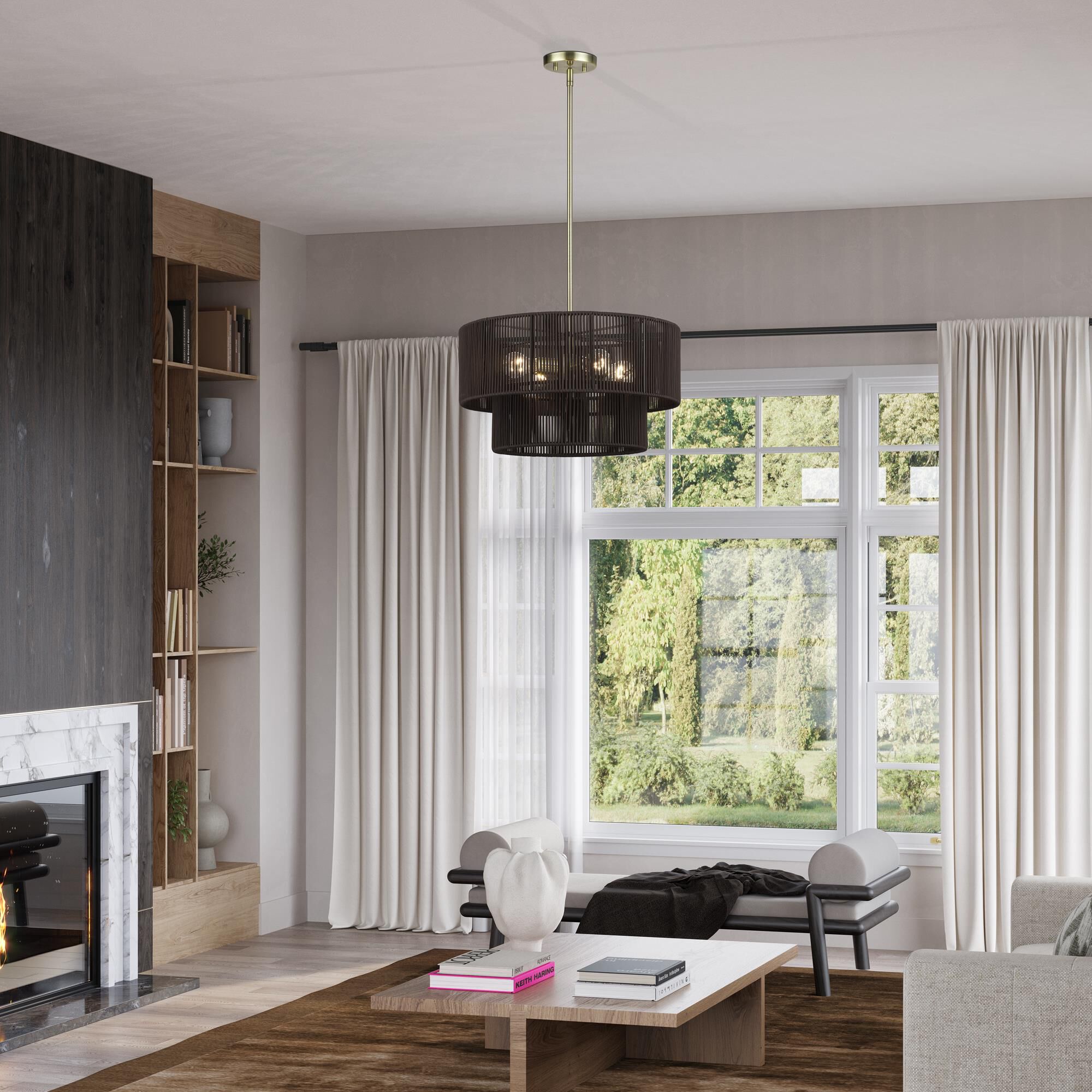 Shown in Antique Brass finish and Hand-Woven Dark Chocolate Color Polyester Rope shade