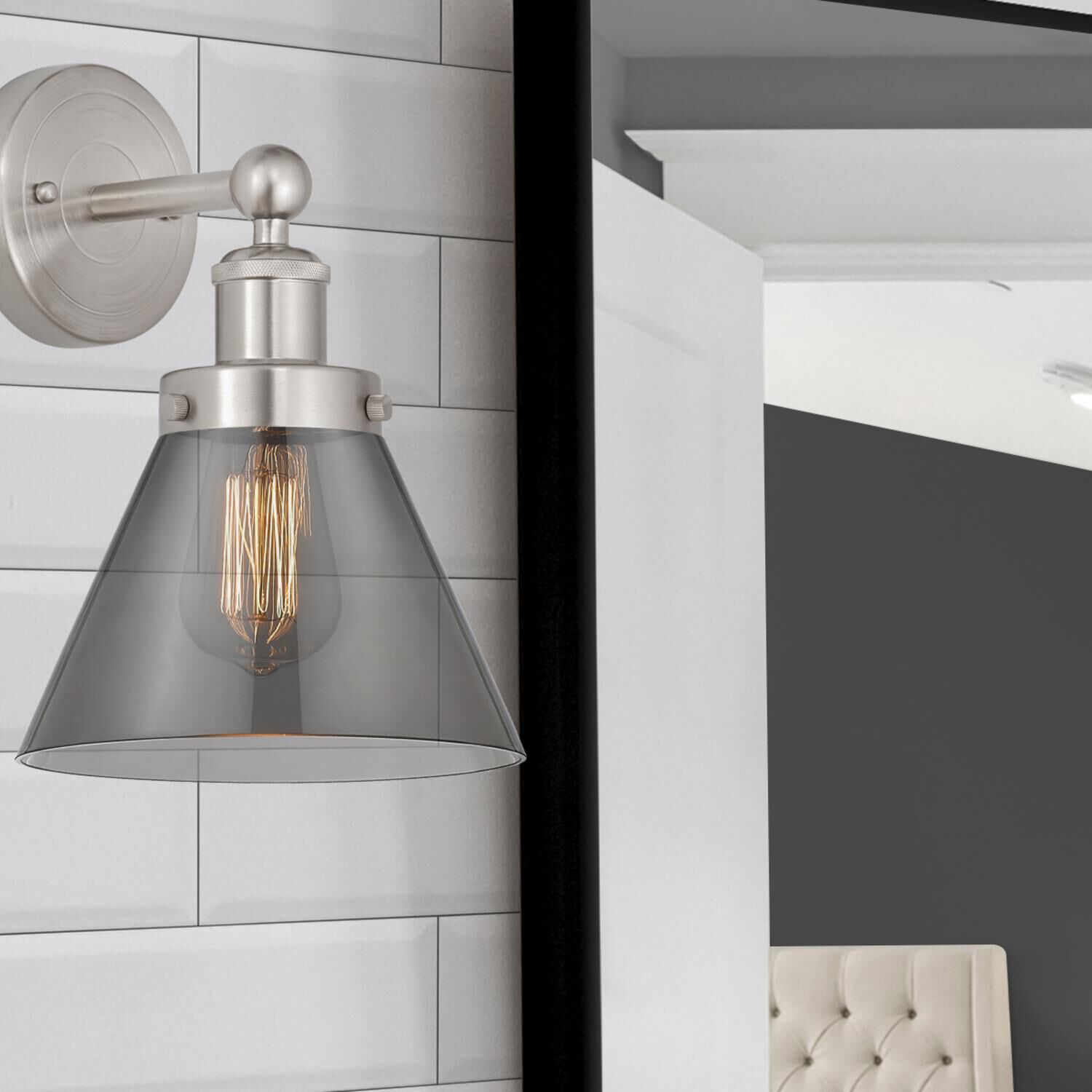 Shown in Brushed Satin Nickel  finish and Plated Smoke glass