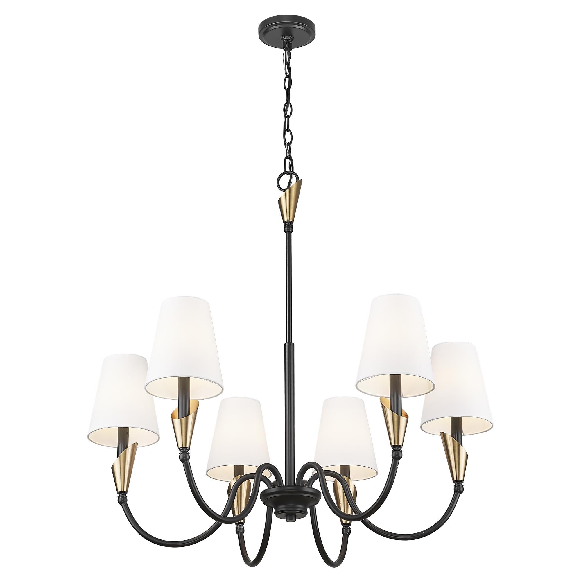 Shown in Matte Black And Modern Gold finish and White glass and White shade