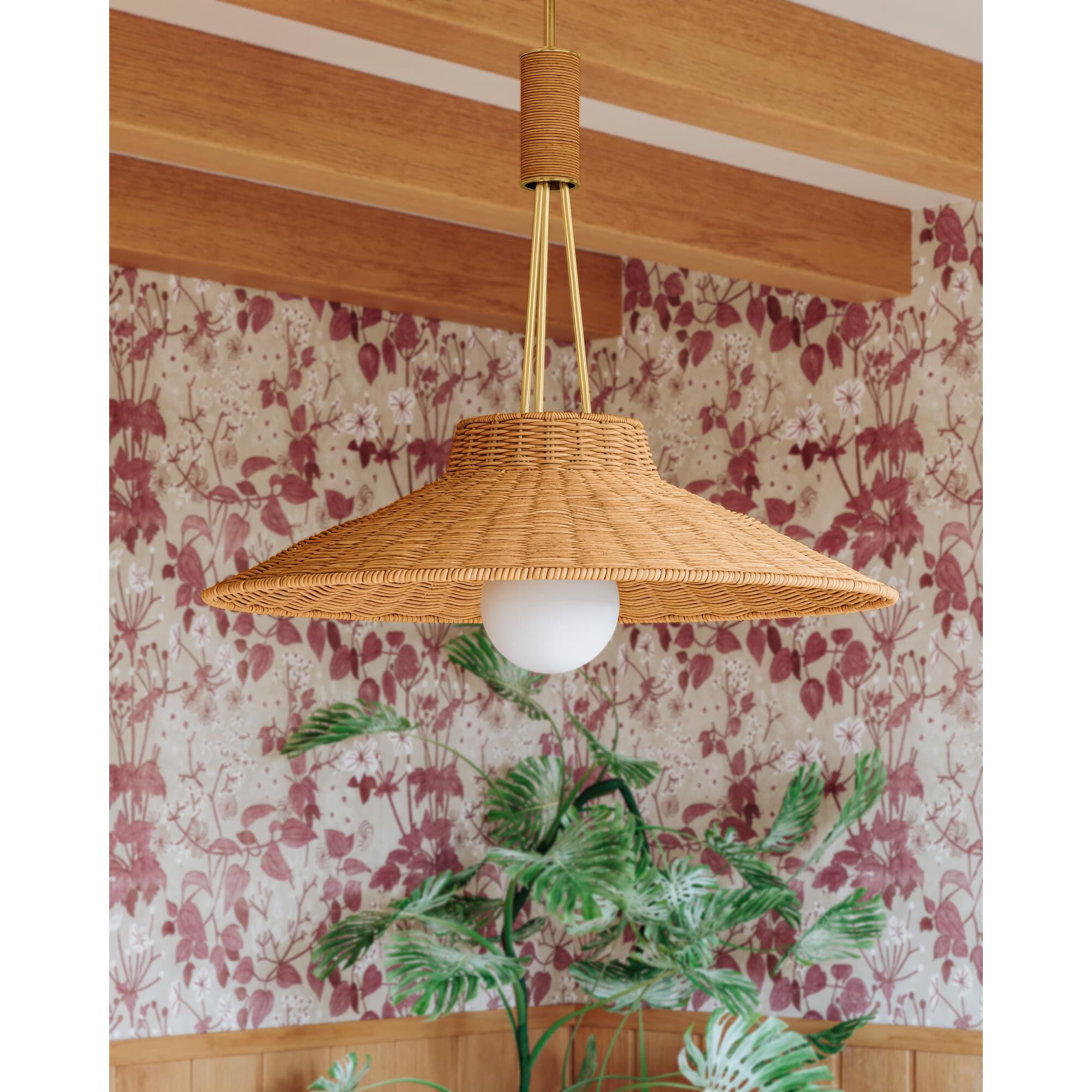 Shown in Aged Brass finish and Natural Woven shade