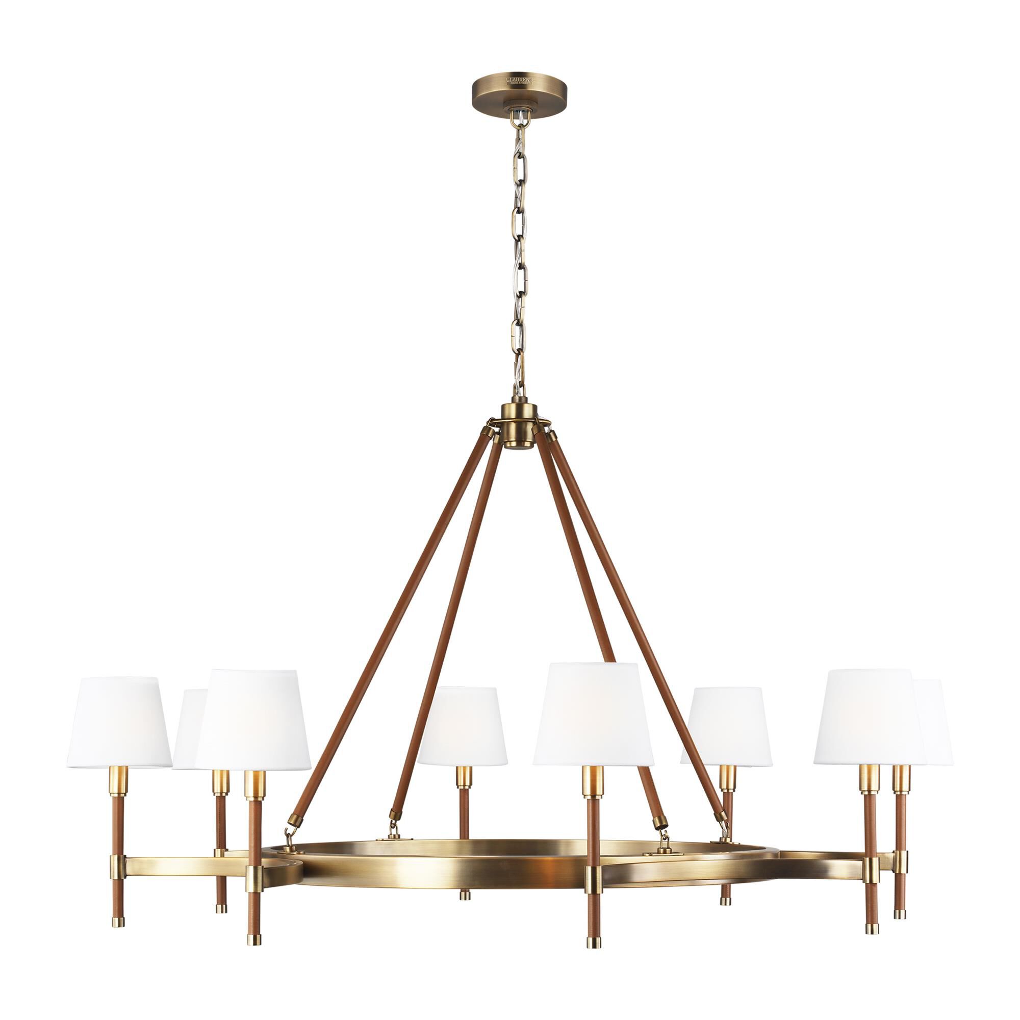 Shown in Time Worn Brass finish and White Linen Fabric shade