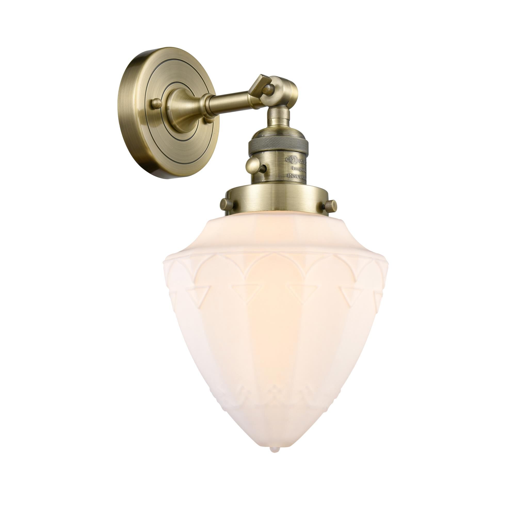 Shown in Antique Brass finish and Matte White Cased Small Bullet glass