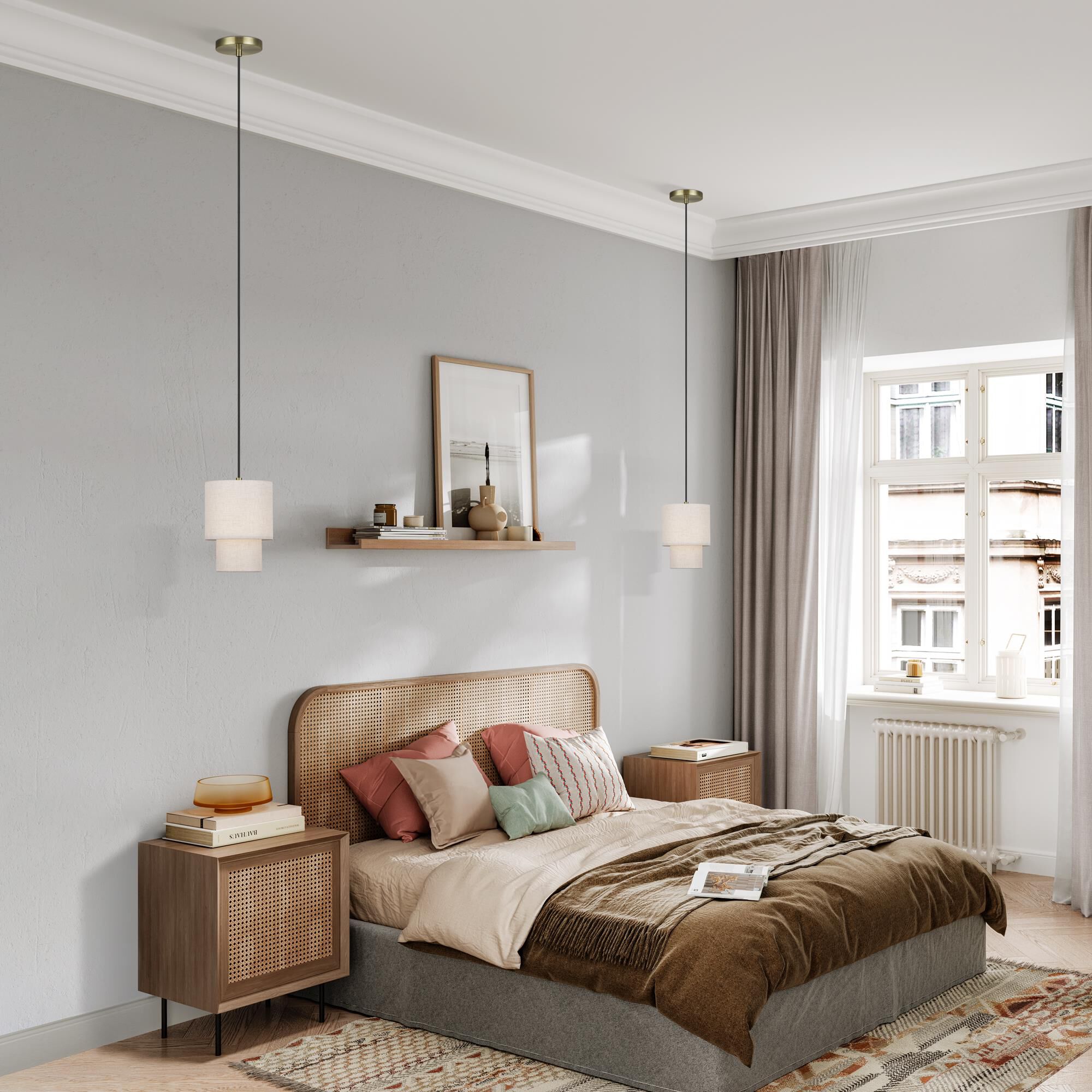 Shown in Antique Brass finish and Hand Crafted Oatmeal Color Fabric with White Color Inside shade