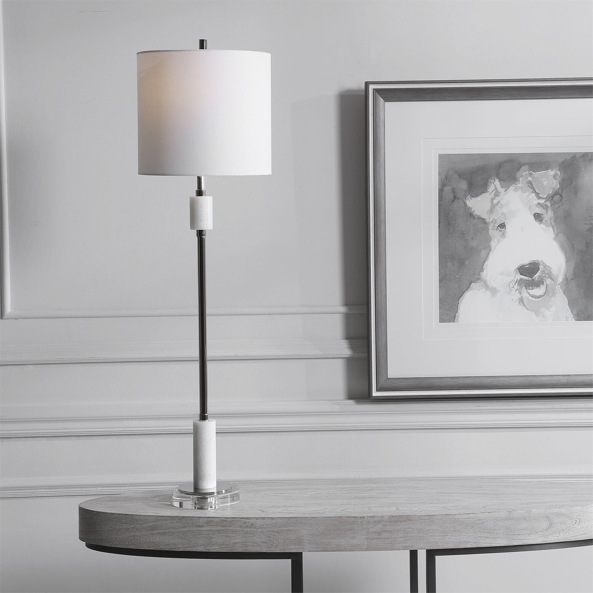 Shown in Showcasing A Transitional Elegance, This Buffet Lamp Features A Plated Polished Nickel Finish With S finish and Round Hardback  With Linning Background shade