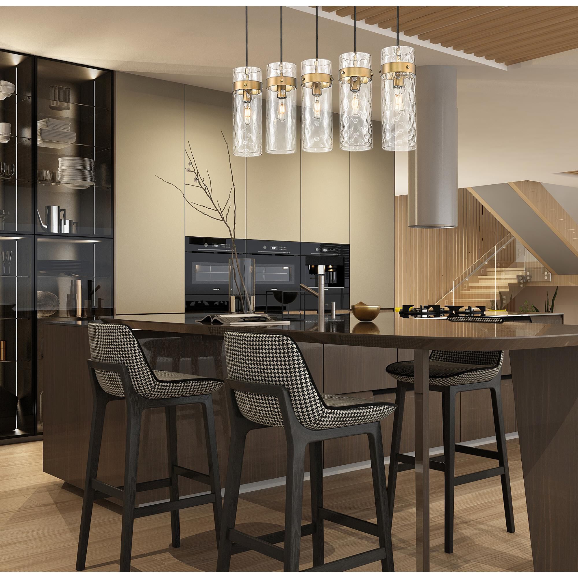 Shown in Rubbed Brass finish and Clear Water glass and Clear Water shade