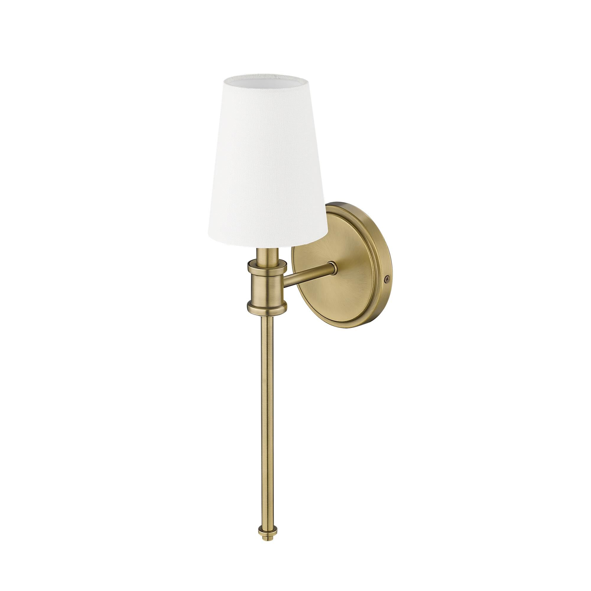 Shown in Vintage Brass finish and Linen shade