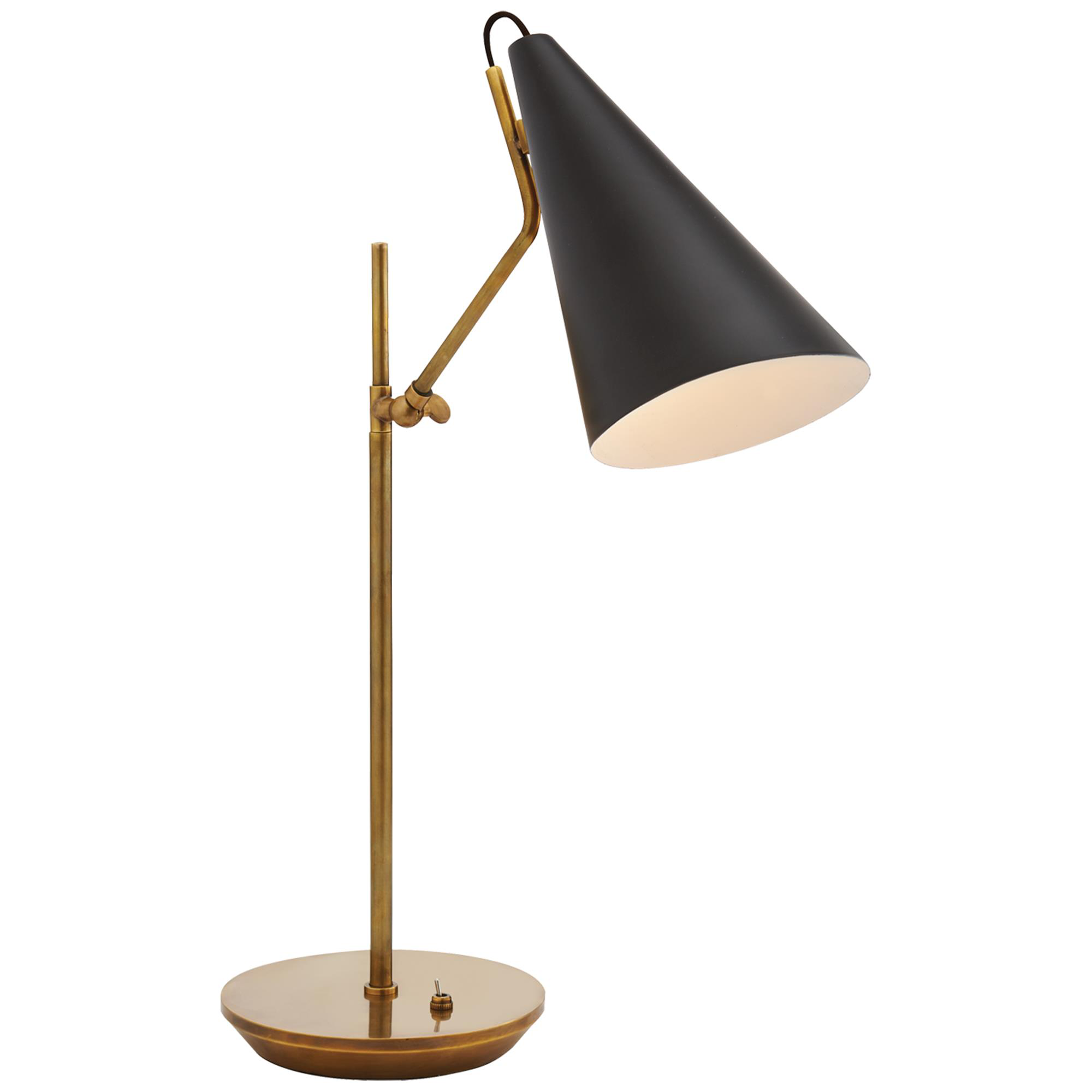 Shown in Brass With Black finish and Black shade