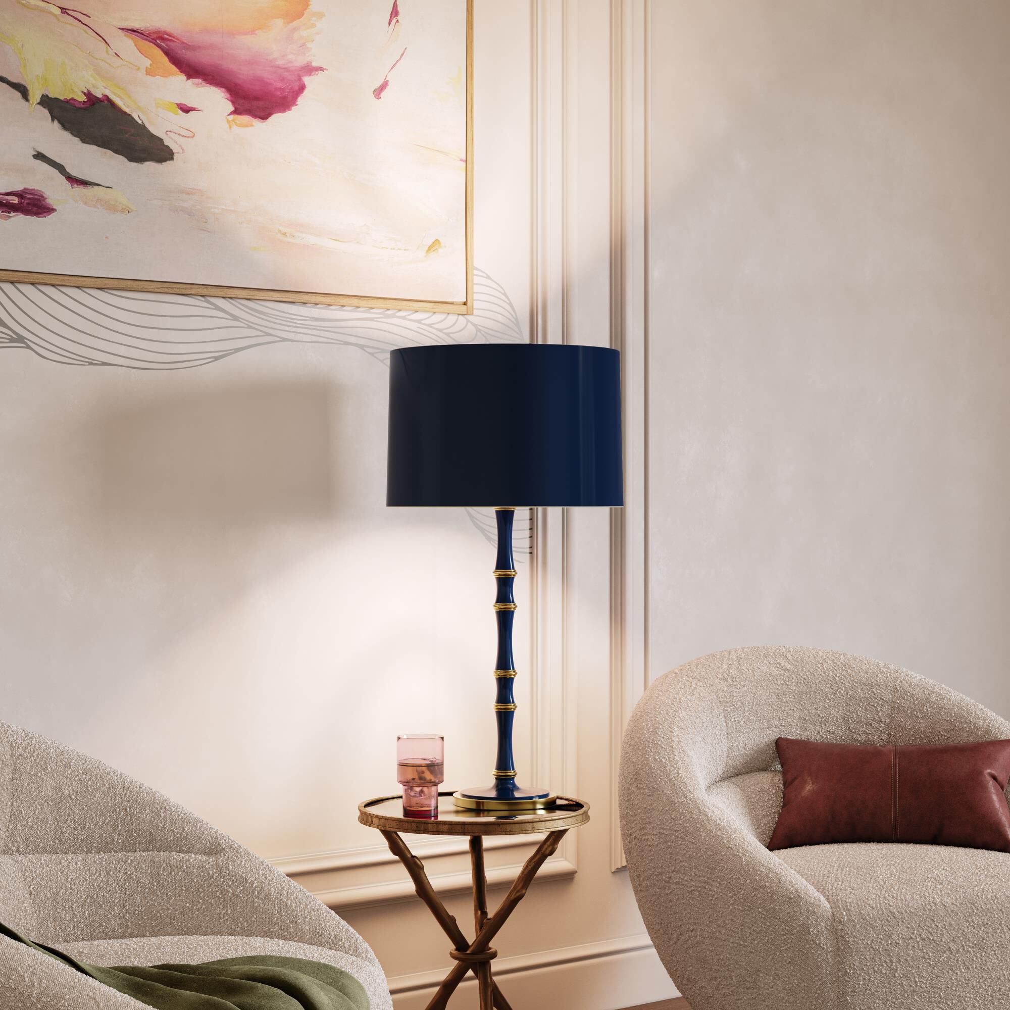 Shown in Midnight Blue finish and Celadon shade and Modern Brass  accent