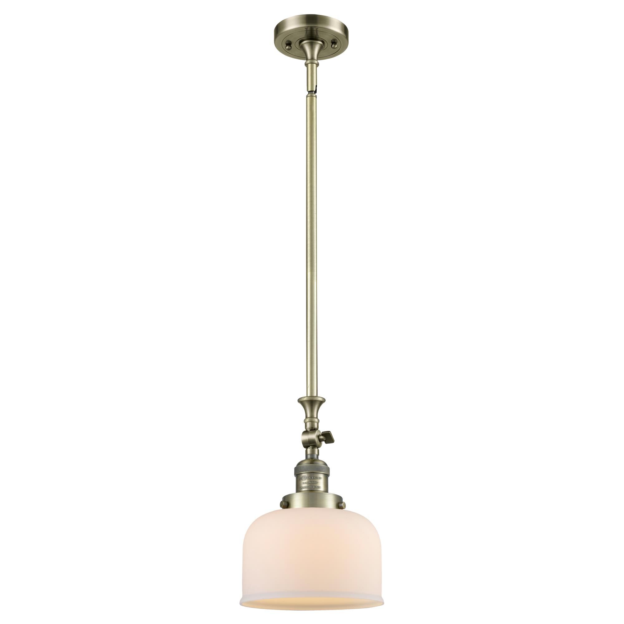 Shown in Antique Brass finish and Matte White Cased glass