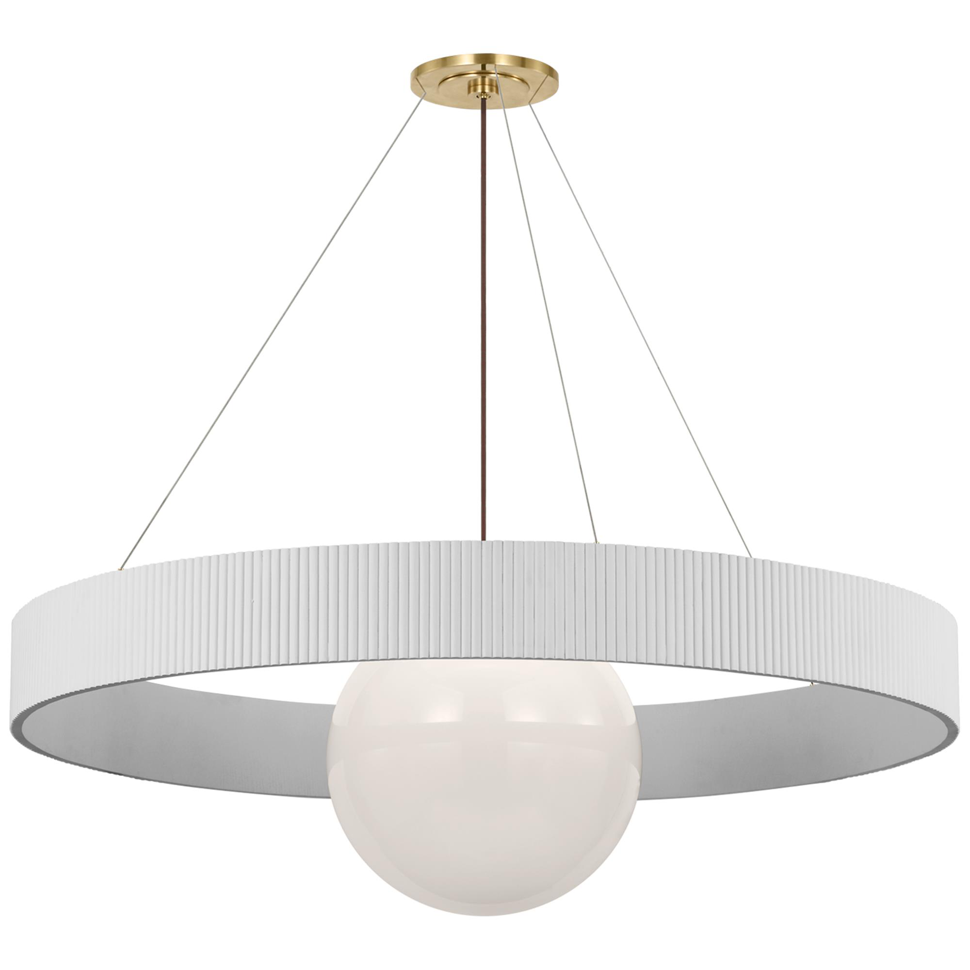 Shown in Hand-Rubbed Antique Brass and Matte White finish and White glass