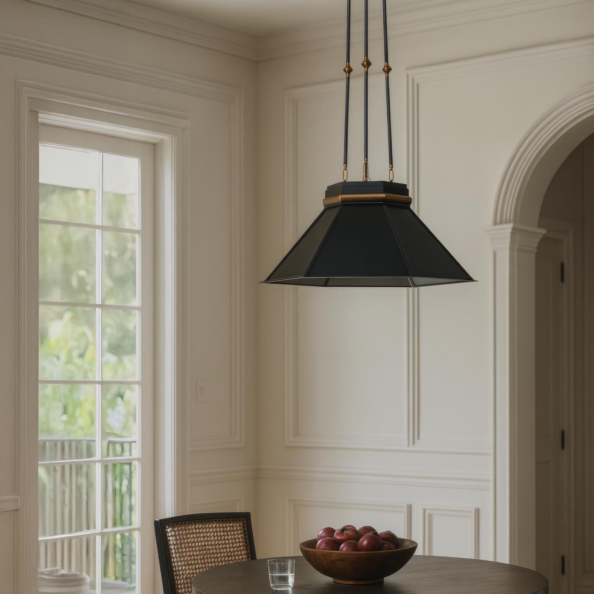 Shown in Black and Brass finish and Black shade