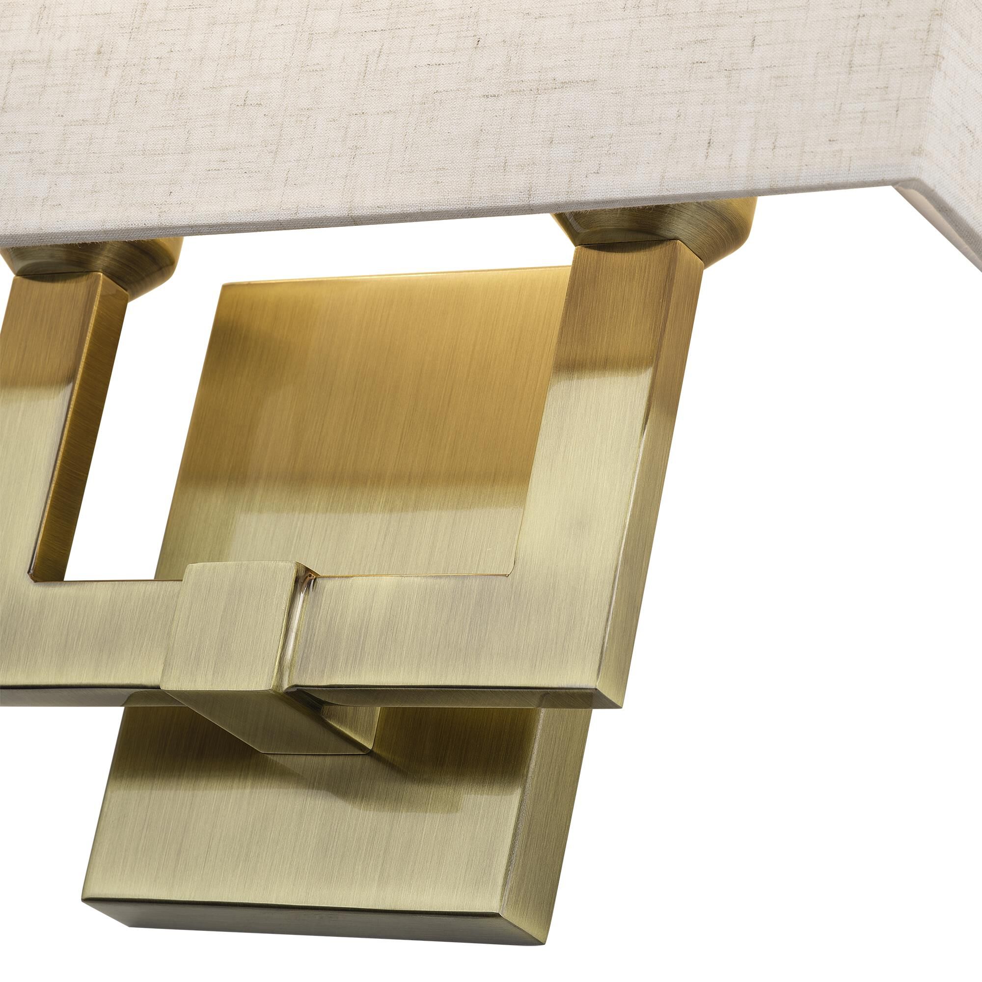 Shown in Antique Brass finish and Hand Crafted Oatmeal Color Fabric with White Color Inside shade