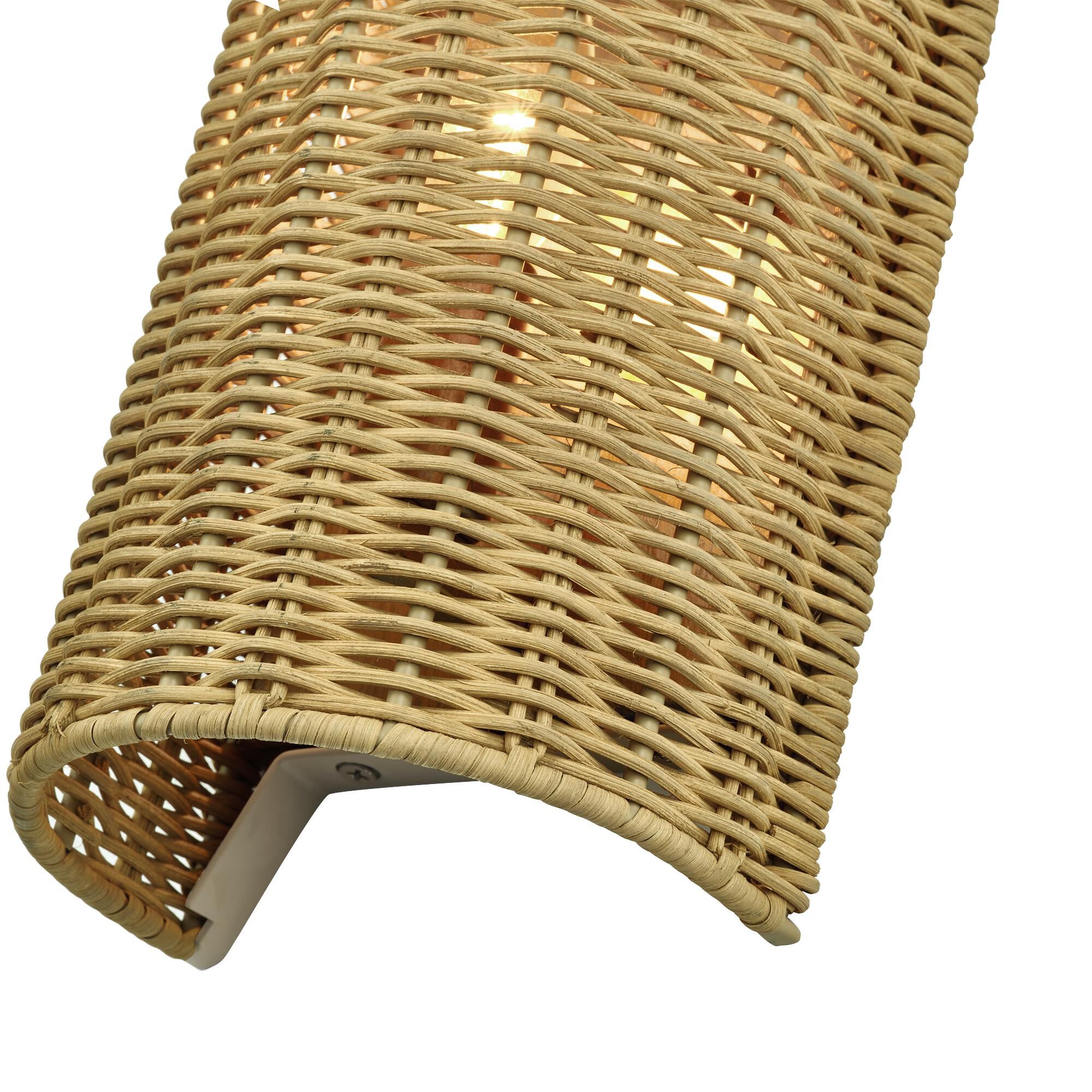 Shown in Antique Gold Leaf finish and Hand-Woven Rustic Walnut Color Rattan shade