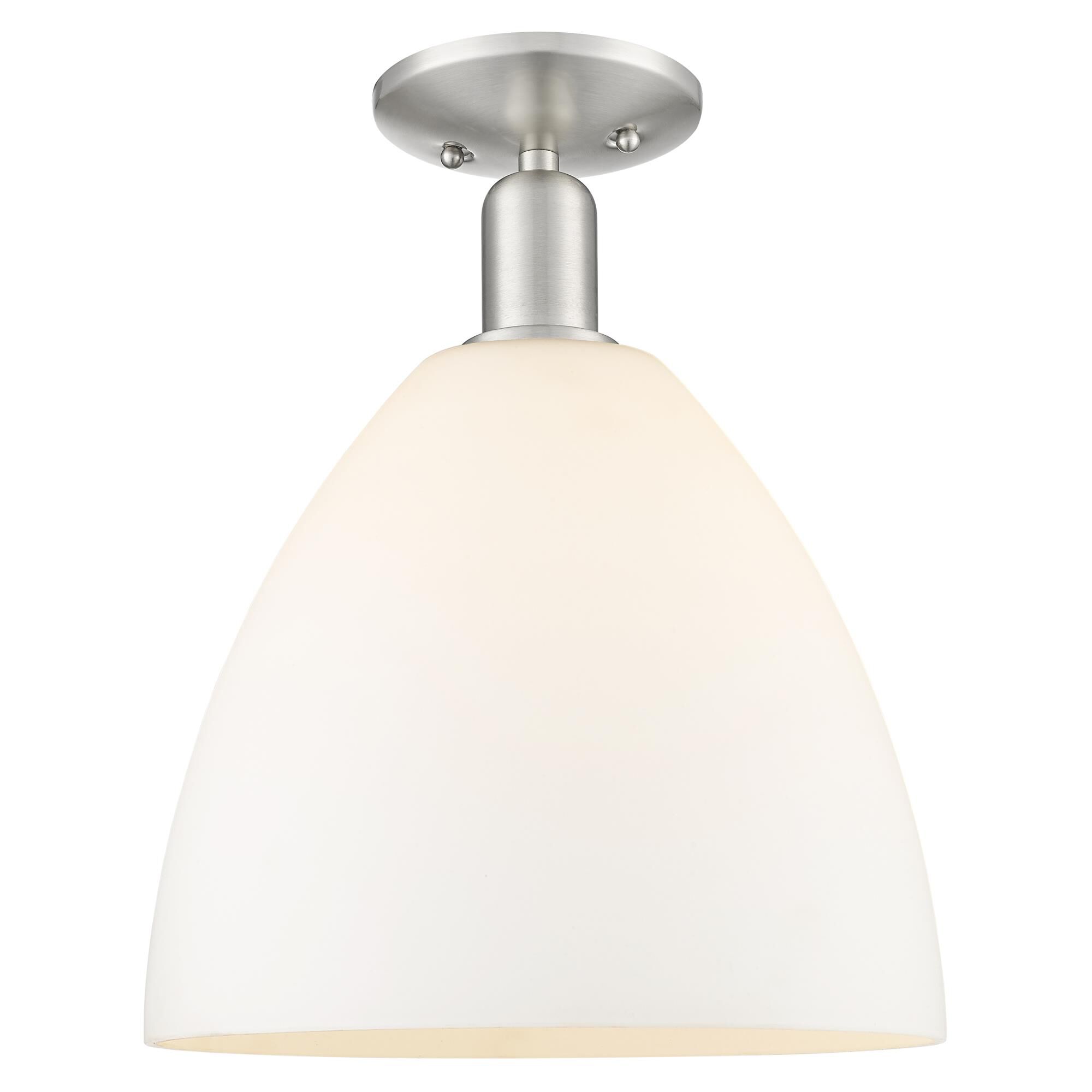 Shown in Brushed Satin Nickel finish and Matte White glass