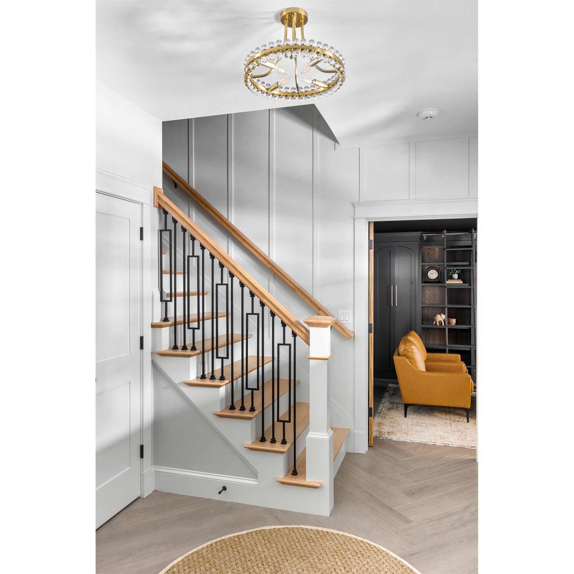 Shown in Aged Brass finish and Glass Ball crystal