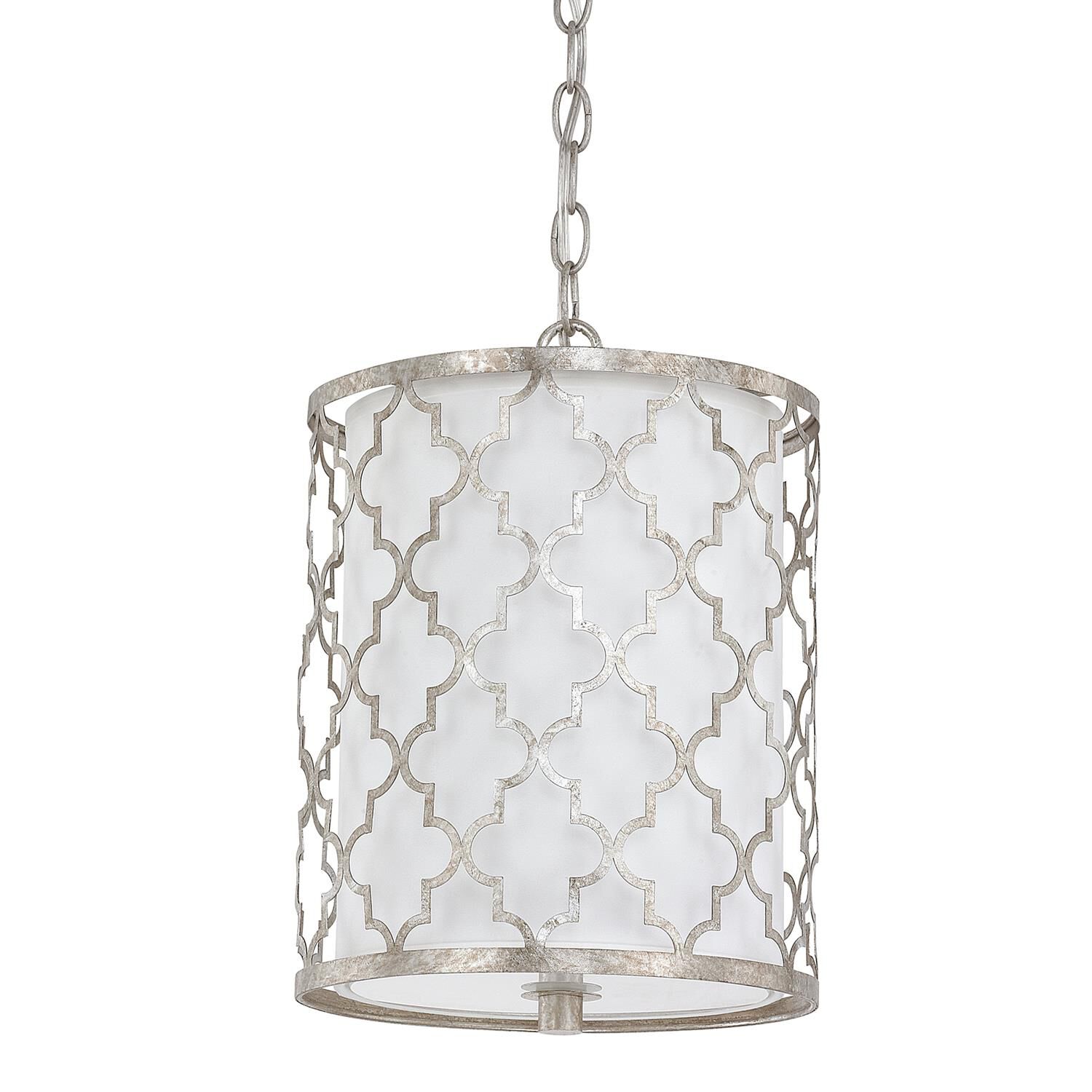 Shown in Antique Silver finish and White Fabric shade 