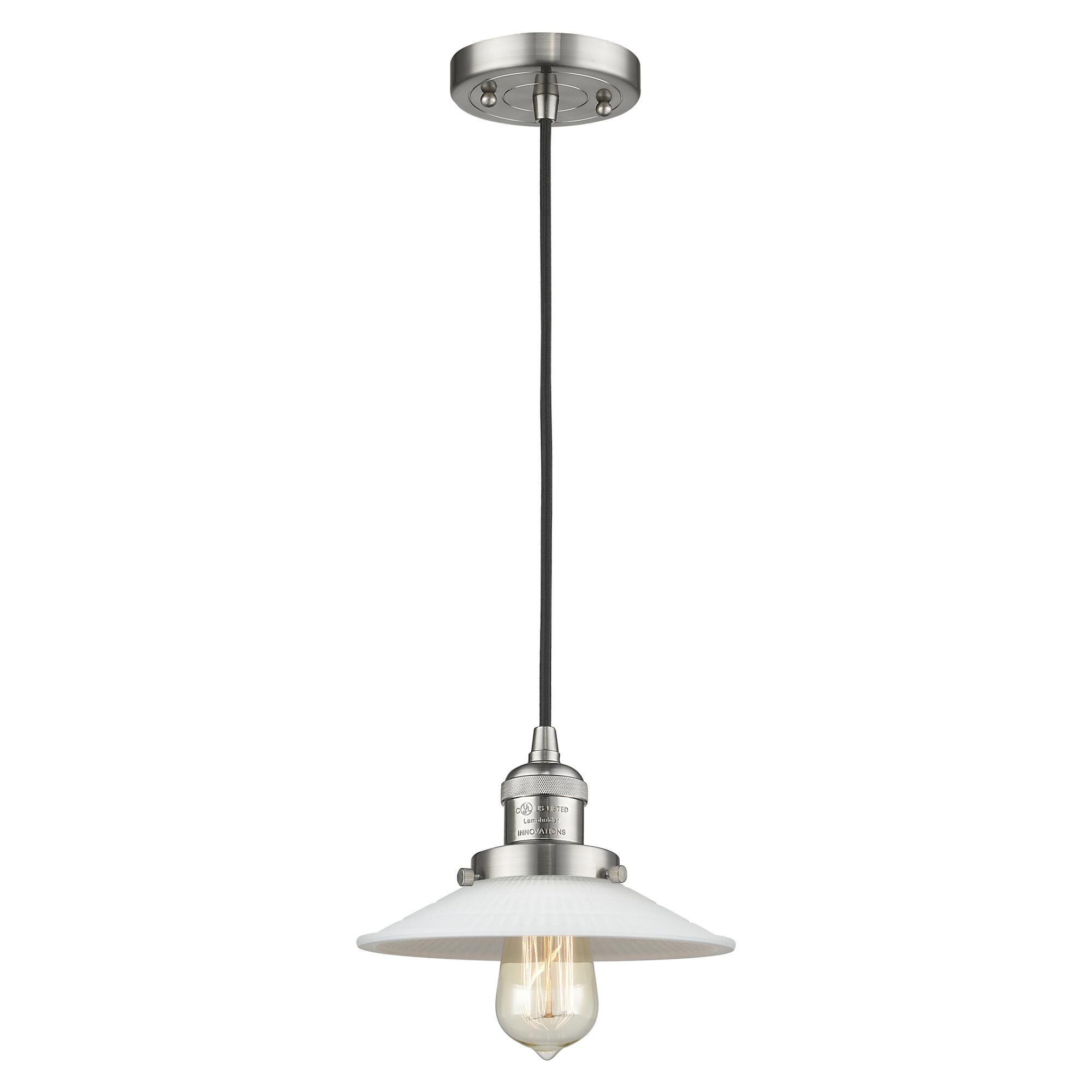 Shown in Satin Nickel finish and Matte White Halophane - Cone glass and Black Textured Cord accent